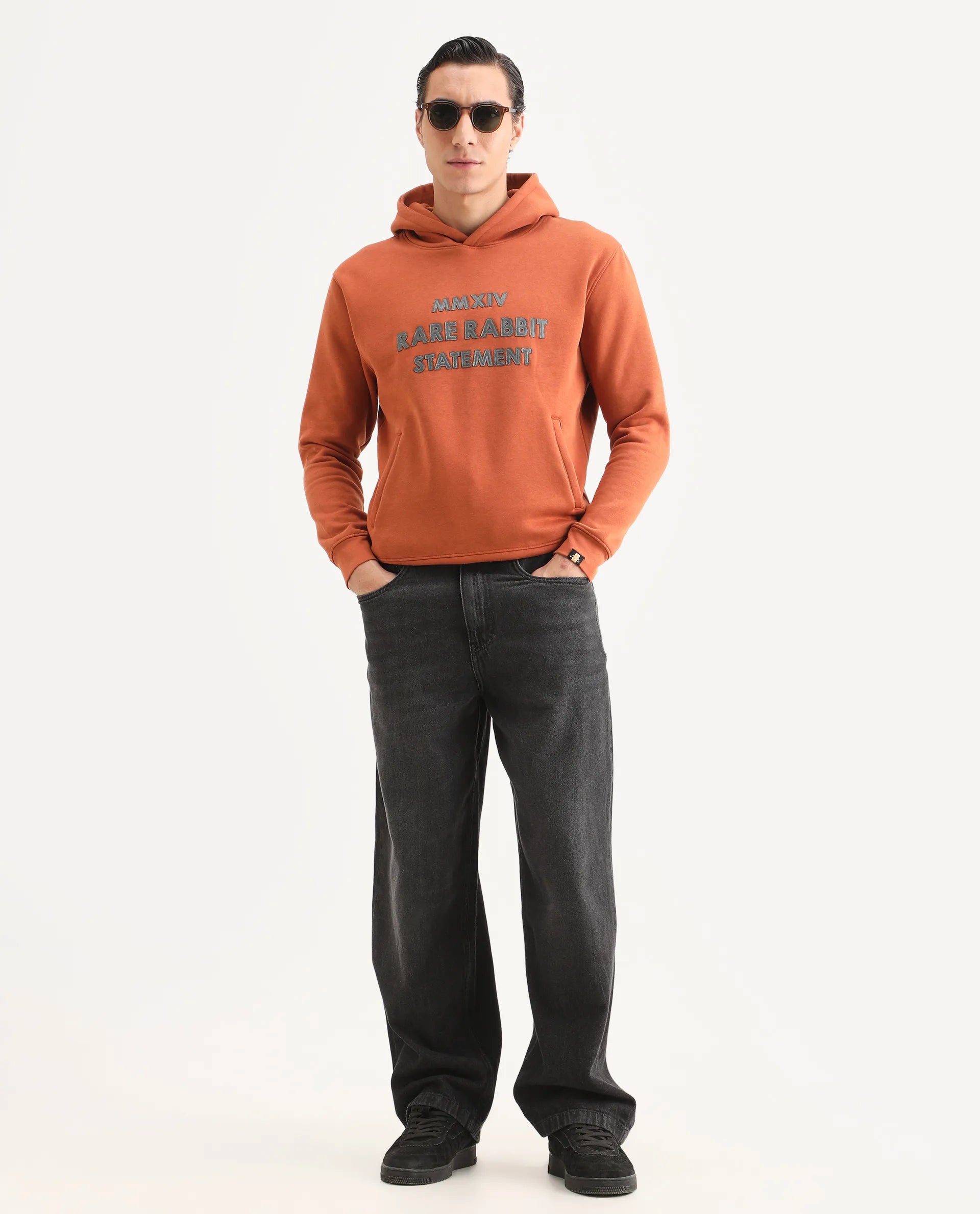 Rare Rabbit Men's Ether Rust Cotton Embroidered Regular Fit Full Sleeve Hooded Sweatshirt