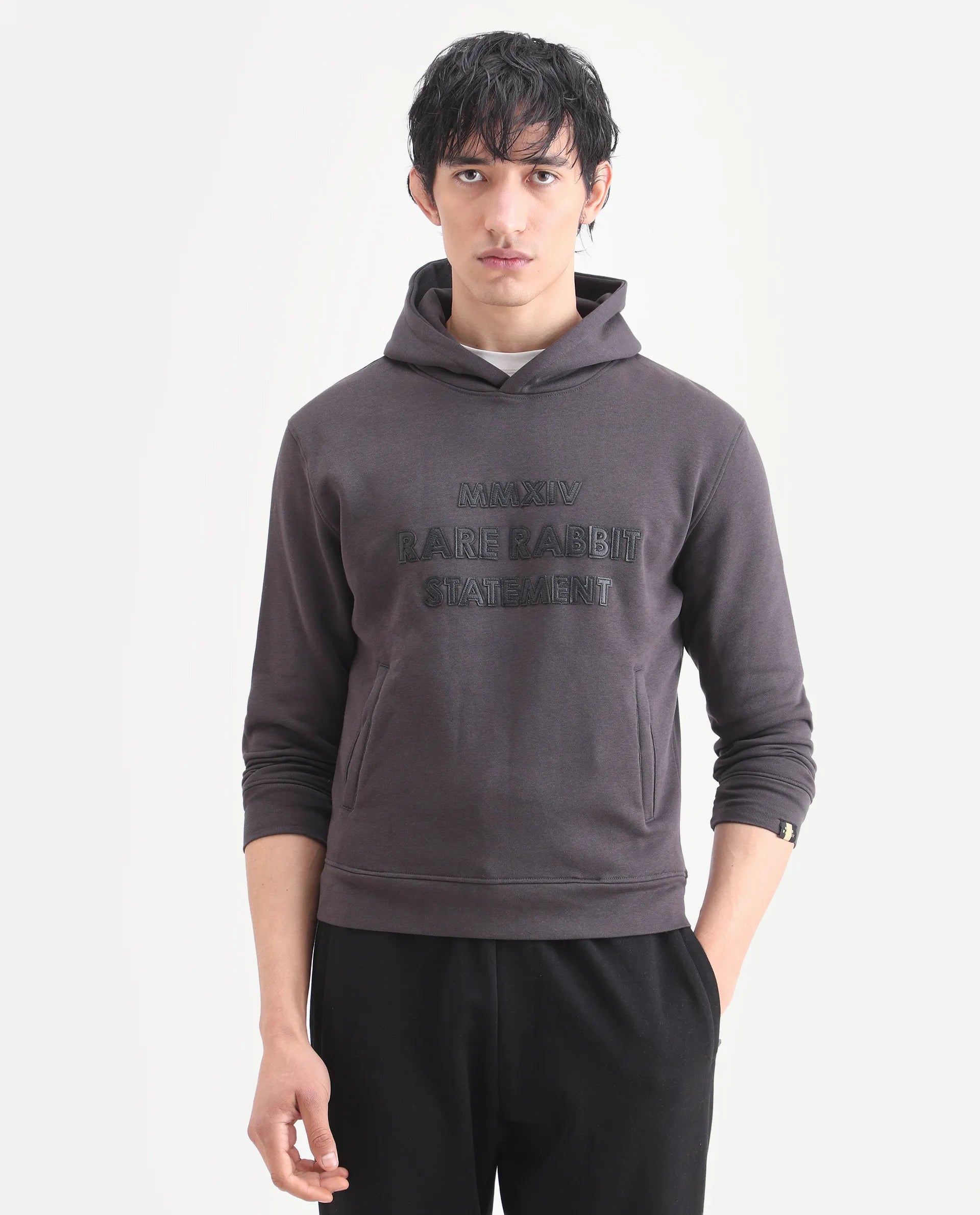 Rare Rabbit Men's Ether Dark Grey Cotton Embroidered Regular Fit Full Sleeve Hooded Sweatshirt
