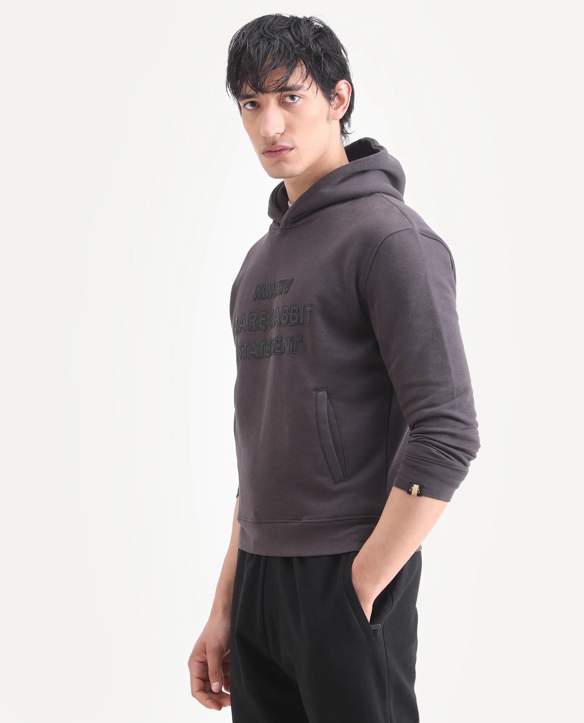 Rare Rabbit Men's Ether Dark Grey Cotton Embroidered Regular Fit Full Sleeve Hooded Sweatshirt