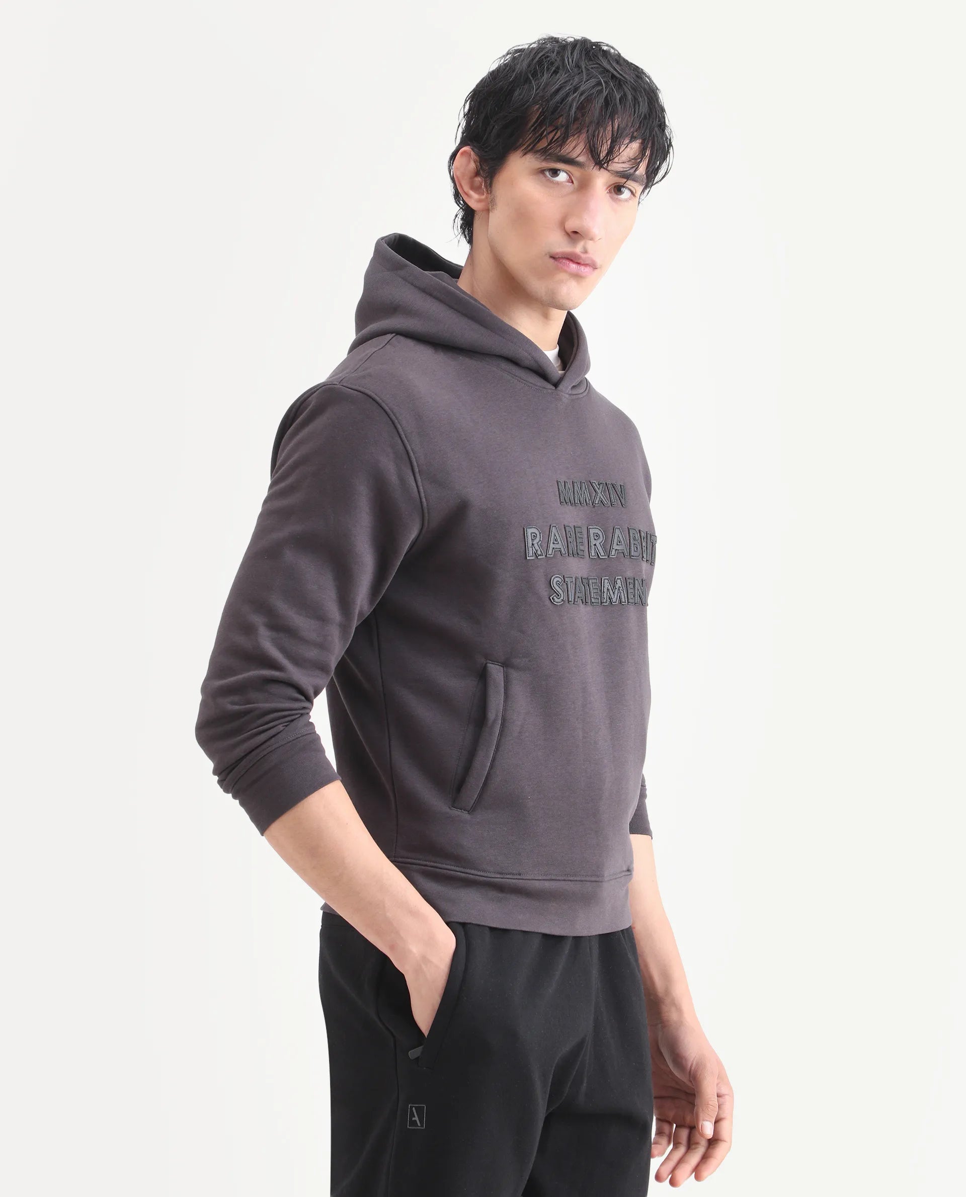 Rare Rabbit Men's Ether Dark Grey Cotton Embroidered Regular Fit Full Sleeve Hooded Sweatshirt