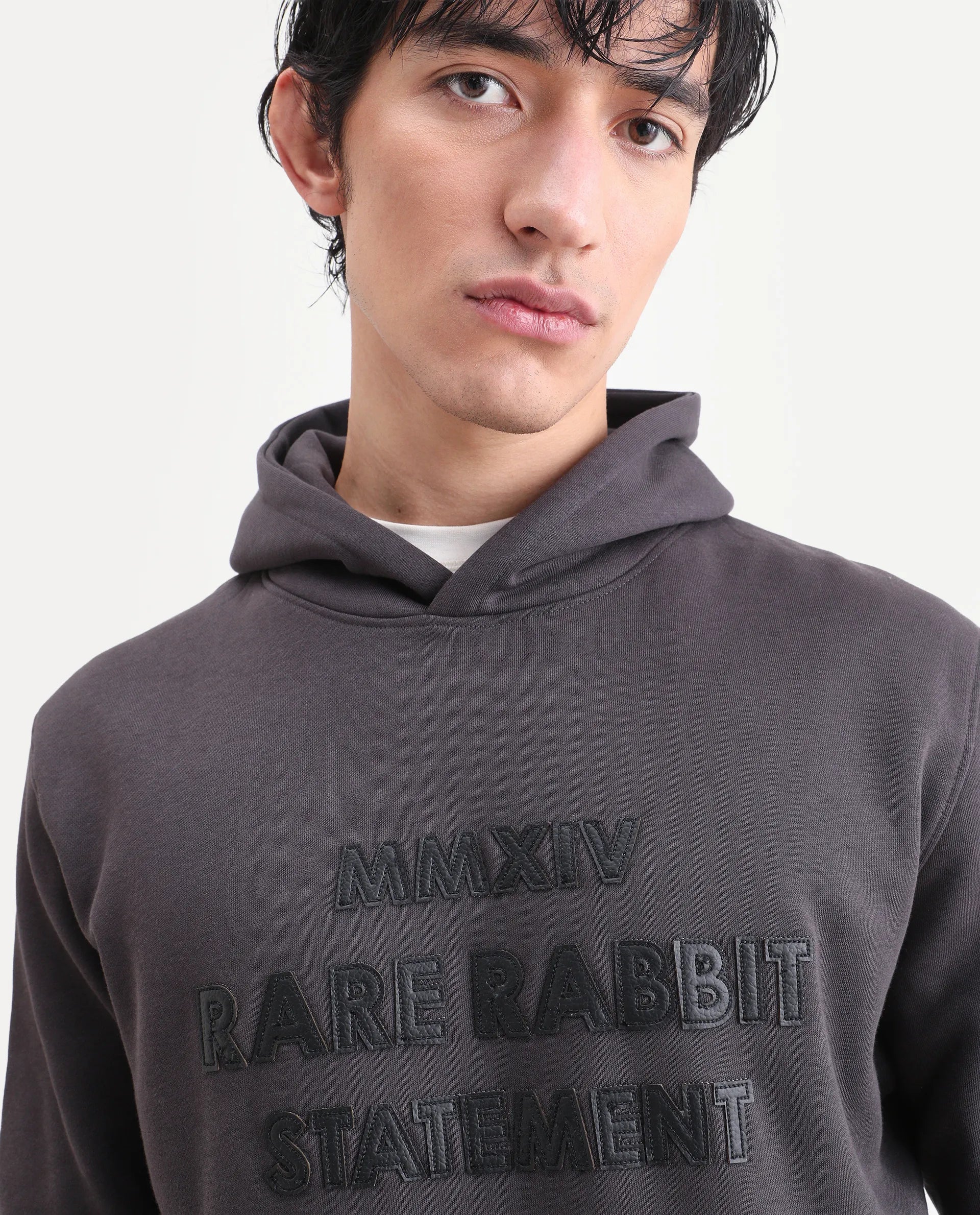 Rare Rabbit Men's Ether Dark Grey Cotton Embroidered Regular Fit Full Sleeve Hooded Sweatshirt