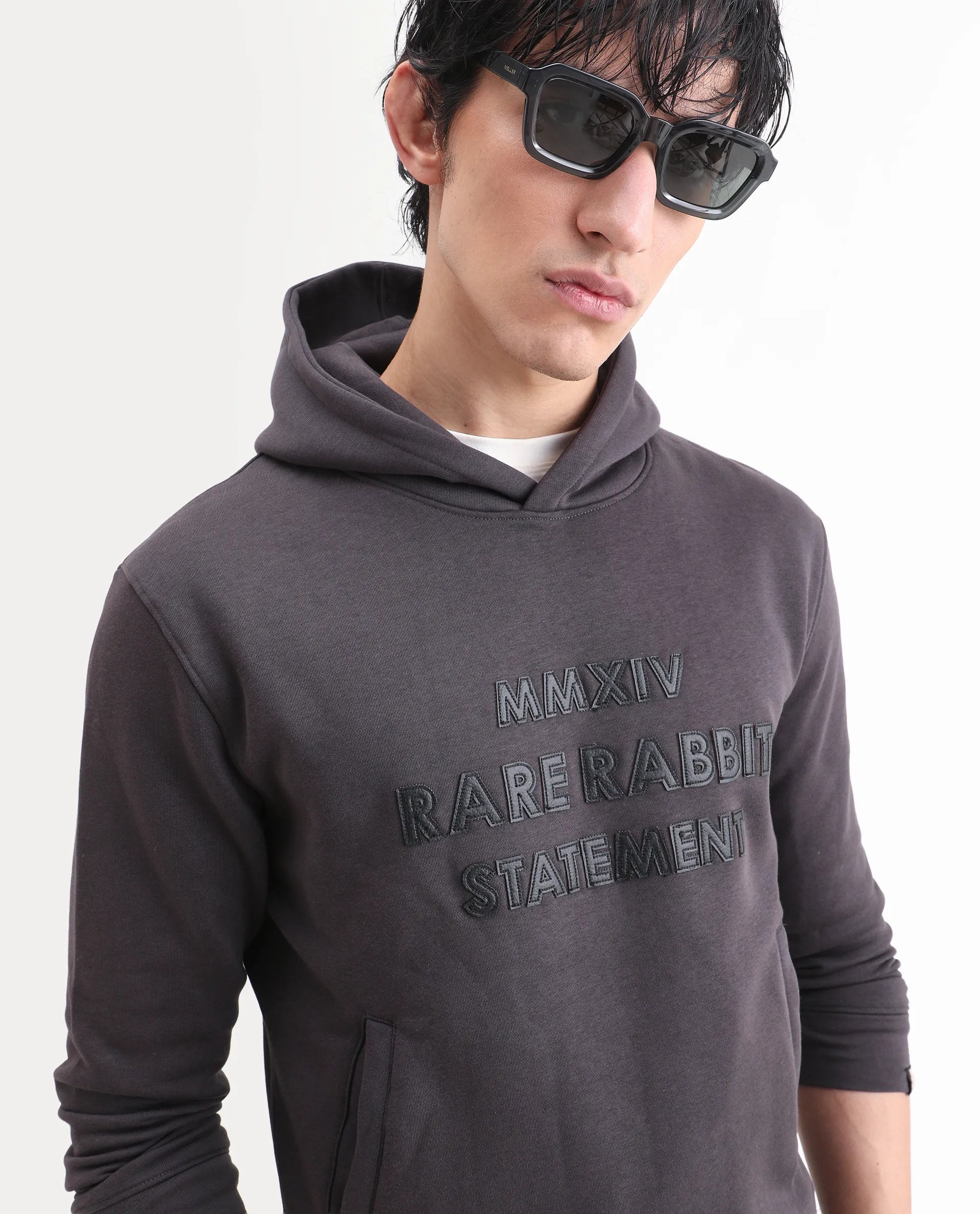 Rare Rabbit Men's Ether Dark Grey Cotton Embroidered Regular Fit Full Sleeve Hooded Sweatshirt