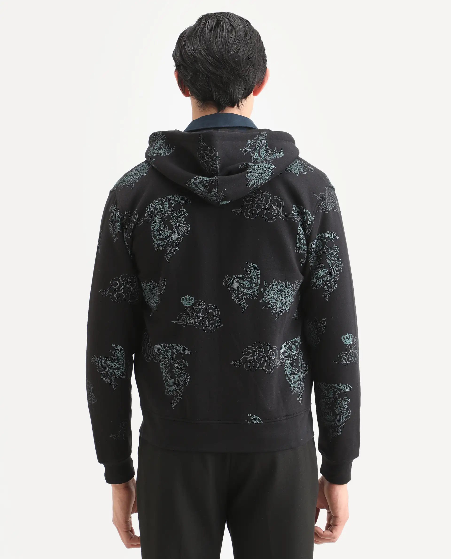 Rare Rabbit Men's Santo Black Cotton Printed Relaxed Fit Full Sleeve Hooded Sweatshirt