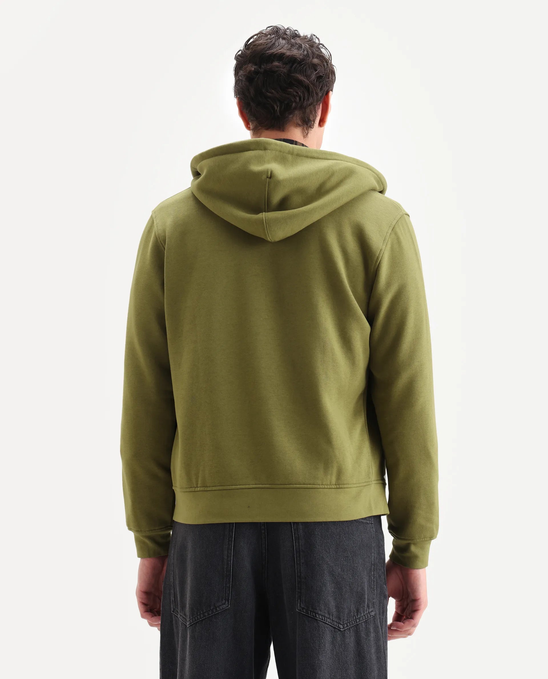 Rare Rabbit Men's Scribble Olive Cotton Embroidered Regular Fit Full Sleeve Hooded Sweatshirt