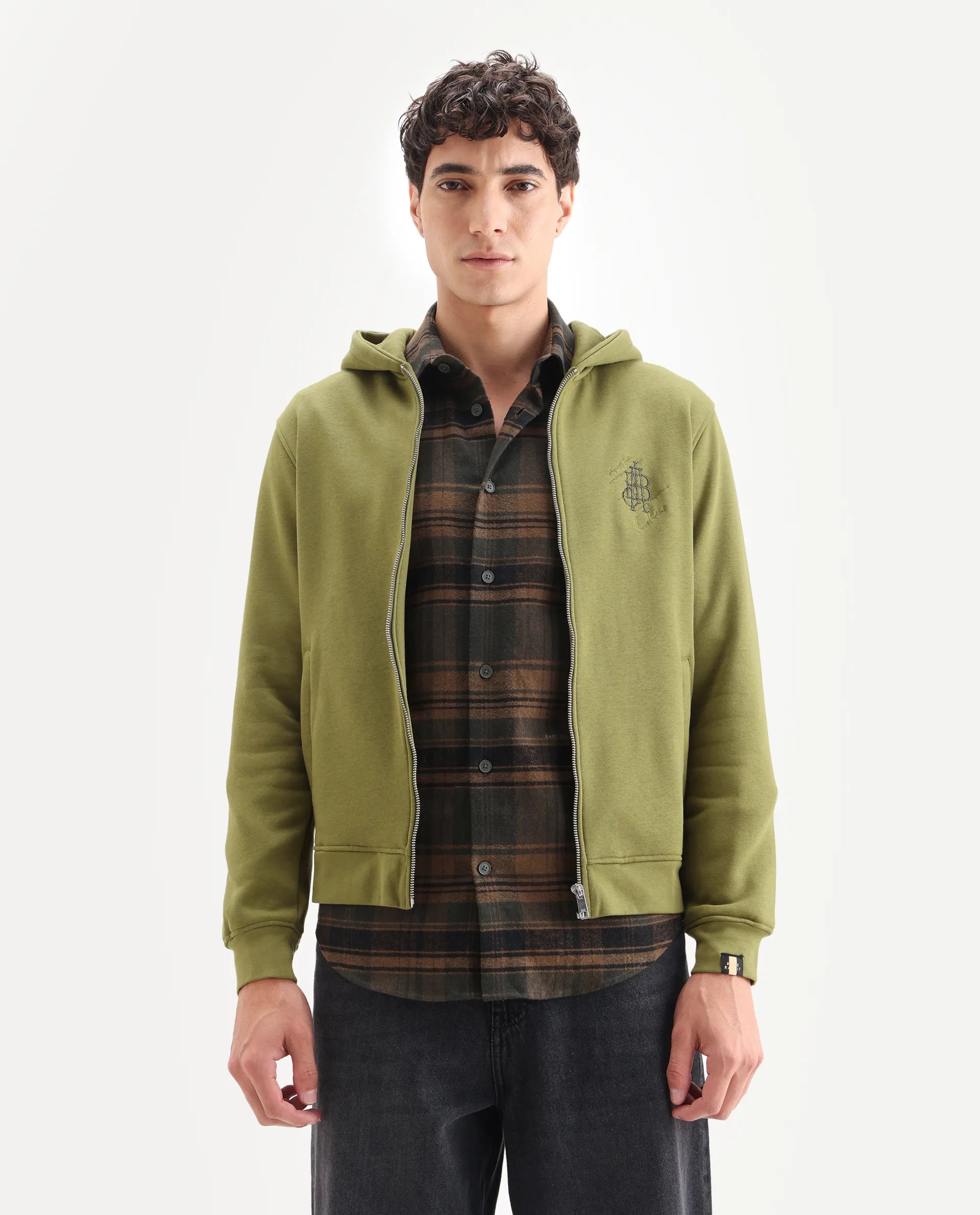 Rare Rabbit Men's Scribble Olive Cotton Embroidered Regular Fit Full Sleeve Hooded Sweatshirt