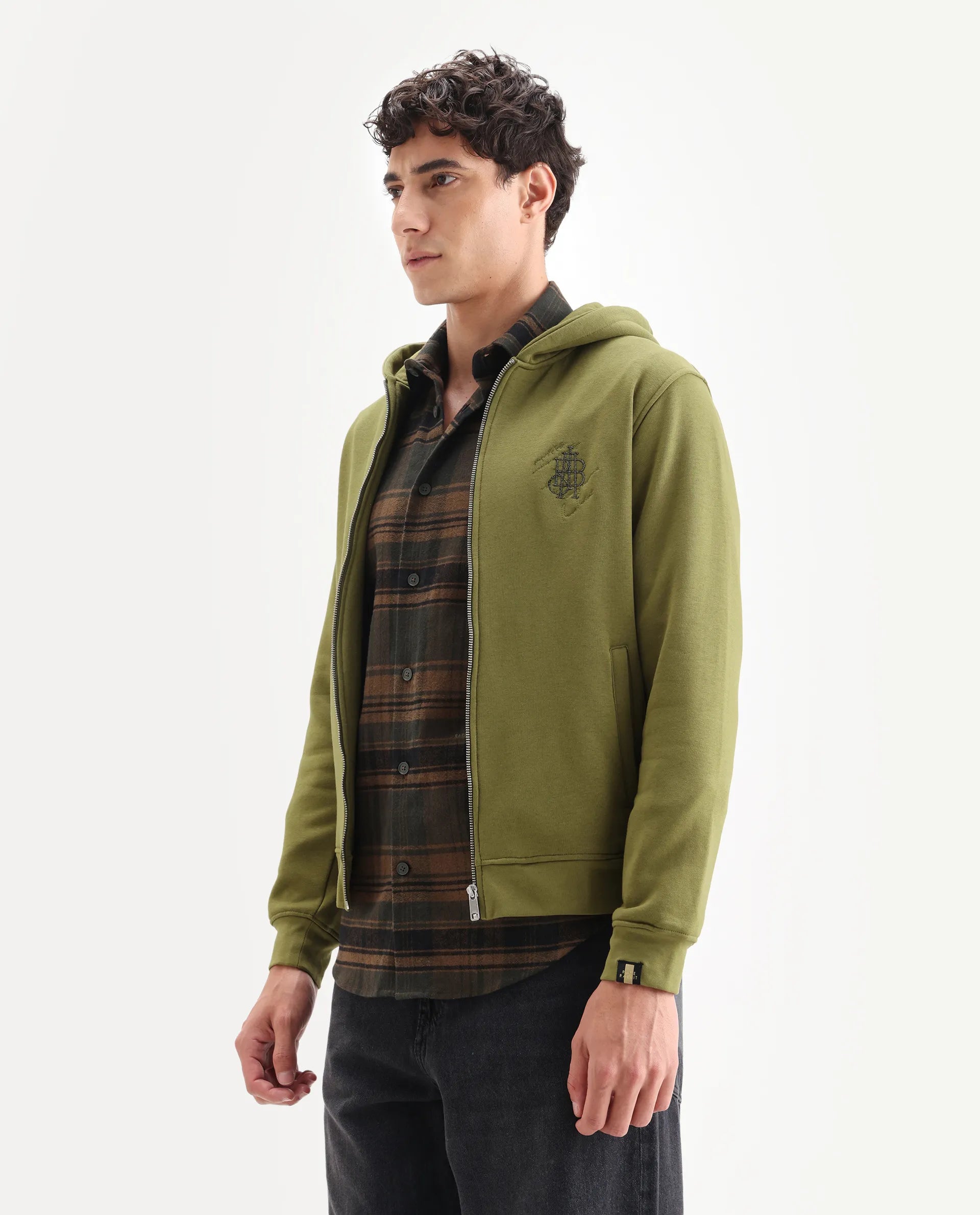 Rare Rabbit Men's Scribble Olive Cotton Embroidered Regular Fit Full Sleeve Hooded Sweatshirt