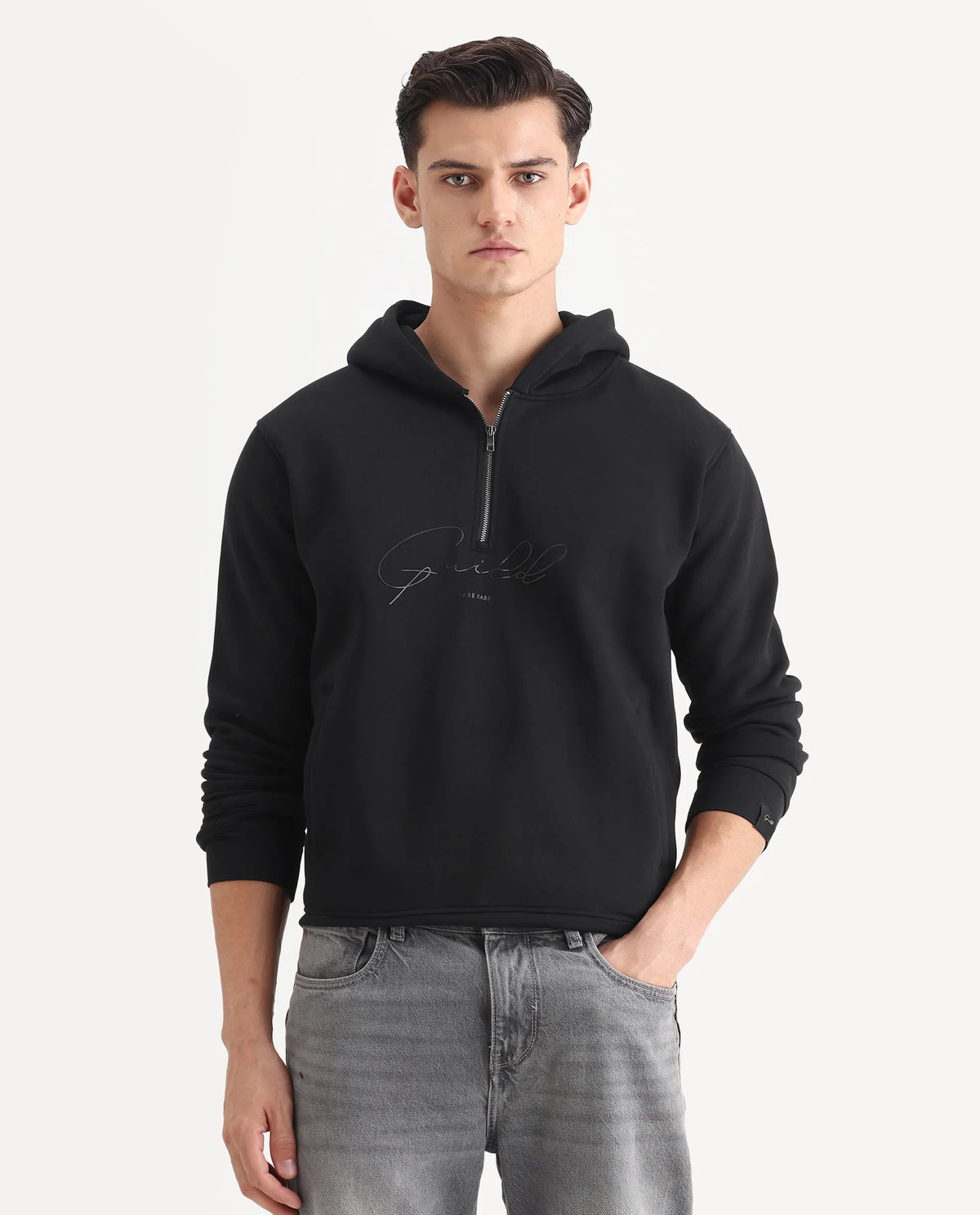 Rare Rabbit Men's Elite Black Cotton Graphic Print Relaxed Fit Full Sleeve Hooded Sweatshirt
