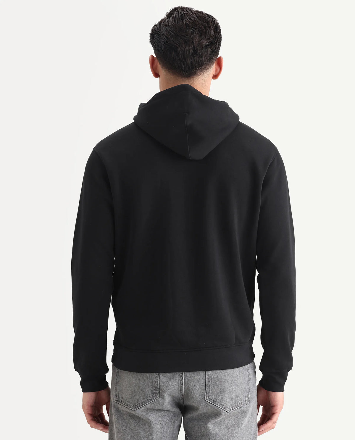 Rare Rabbit Men's Elite Black Cotton Graphic Print Relaxed Fit Full Sleeve Hooded Sweatshirt