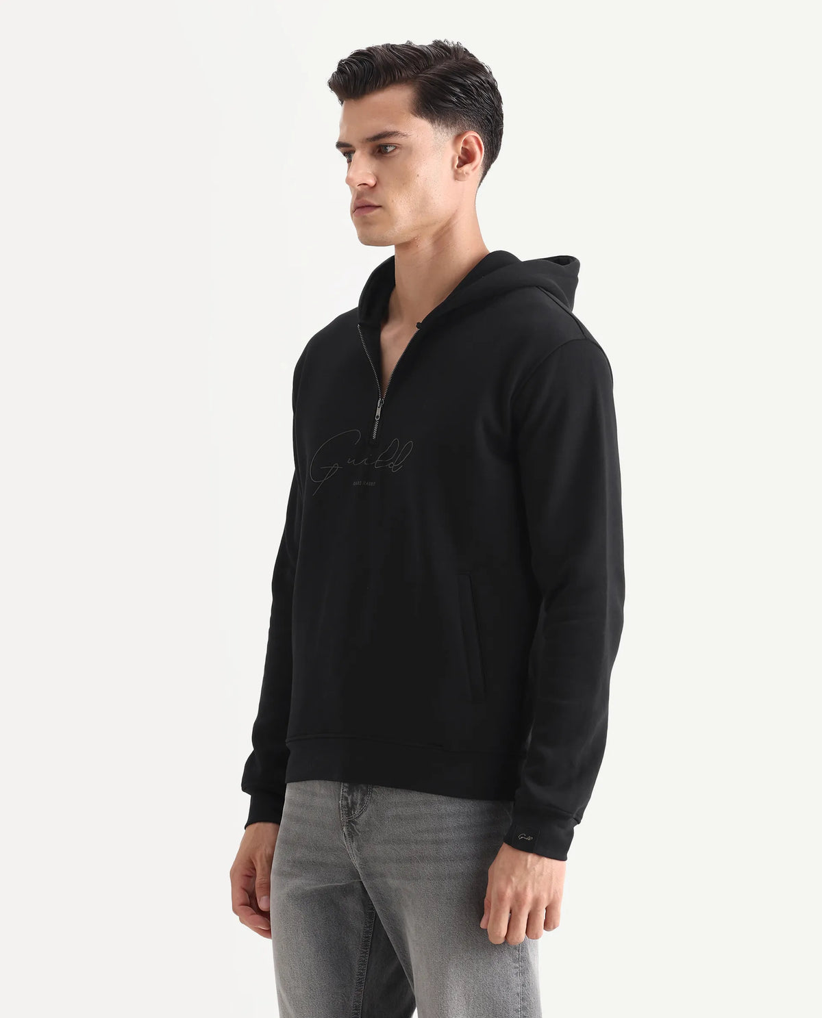Rare Rabbit Men's Elite Black Cotton Graphic Print Relaxed Fit Full Sleeve Hooded Sweatshirt