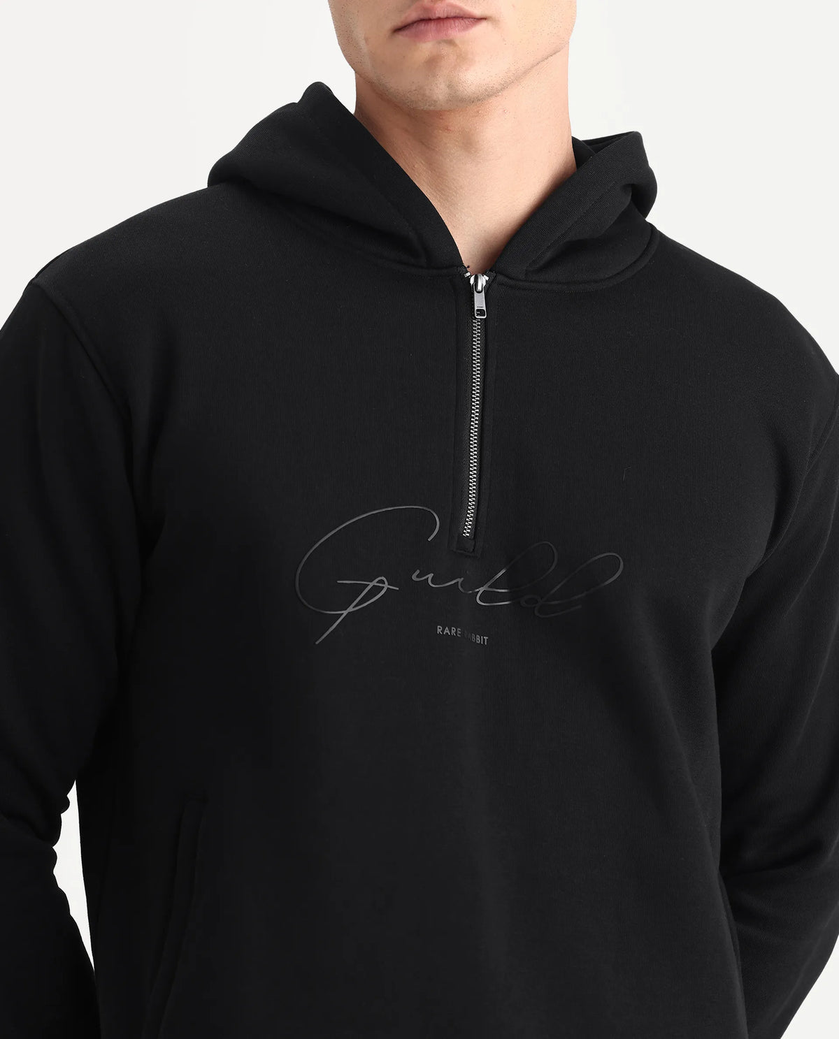Rare Rabbit Men's Elite Black Cotton Graphic Print Relaxed Fit Full Sleeve Hooded Sweatshirt