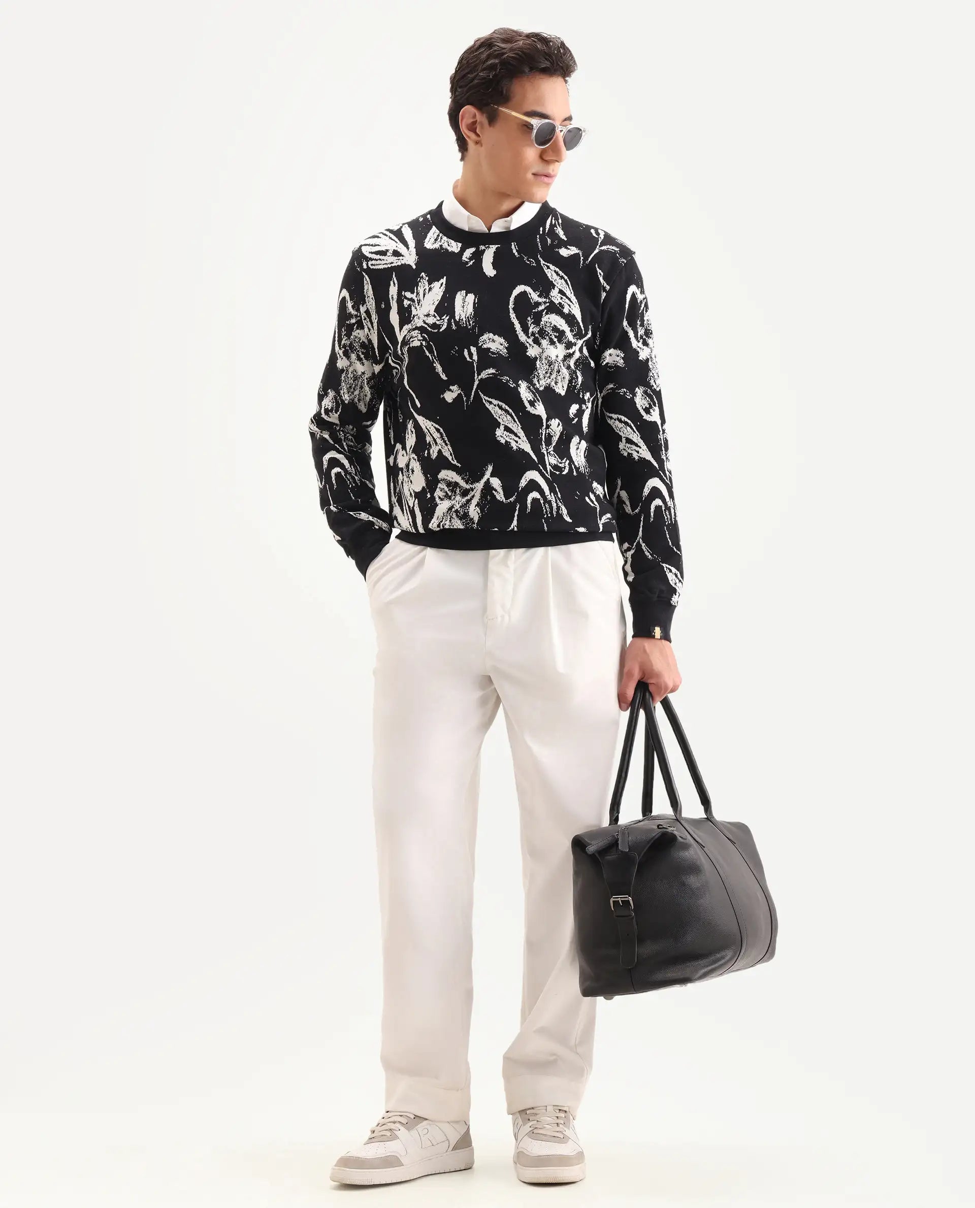 Rare Rabbit Men's Thalora Black Cotton Floral Print Regular Fit Full Sleeve Crew Neck Sweatshirt