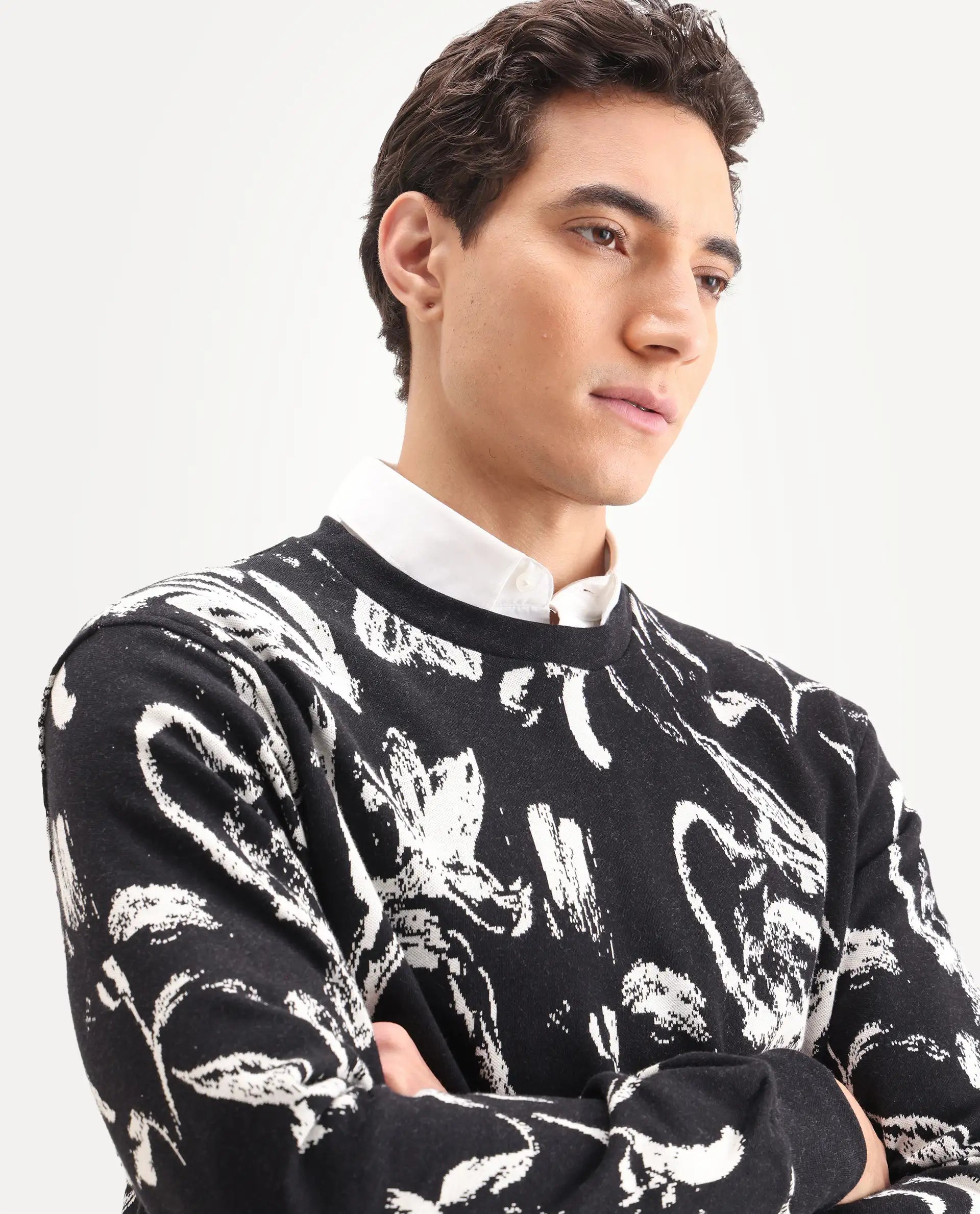 Rare Rabbit Men's Thalora Black Cotton Floral Print Regular Fit Full Sleeve Crew Neck Sweatshirt