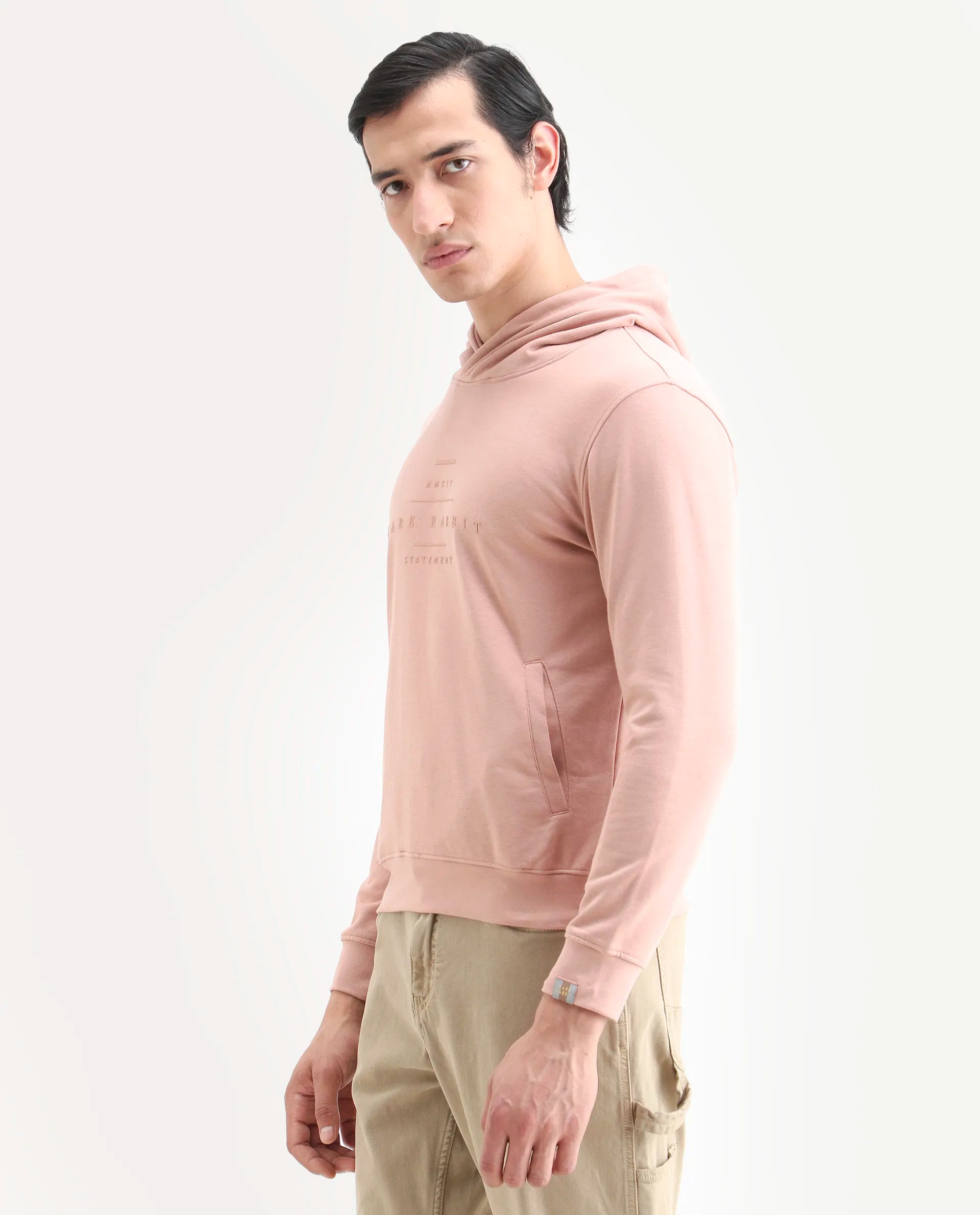 Rare Rabbit Men's Mile Peach Cotton Graphic Print Regular Fit Full Sleeve Hooded Sweatshirt