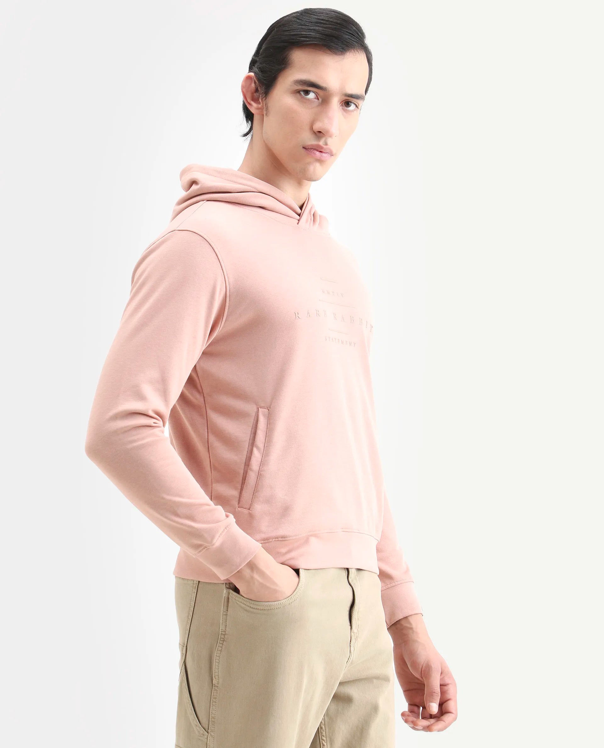 Rare Rabbit Men's Mile Peach Cotton Graphic Print Regular Fit Full Sleeve Hooded Sweatshirt