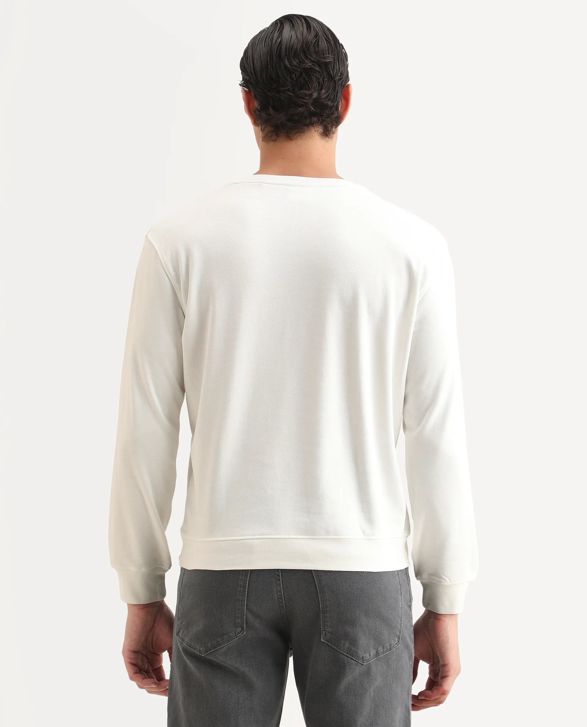 Rare Rabbit Men's Staple Off White Cotton Graphic Print Regular Fit Full Sleeve Crew Neck Sweatshirt