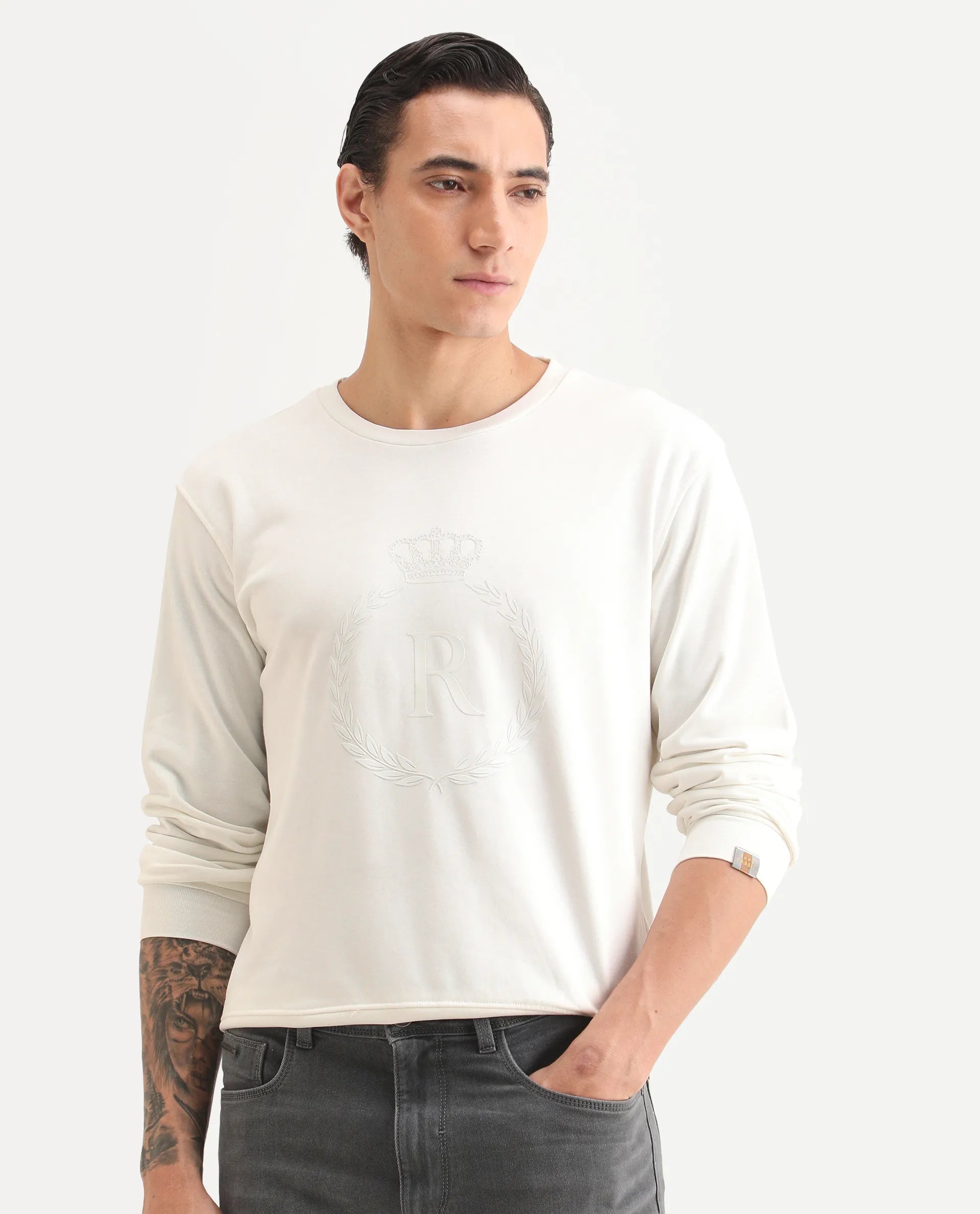 Rare Rabbit Men's Staple Off White Cotton Graphic Print Regular Fit Full Sleeve Crew Neck Sweatshirt