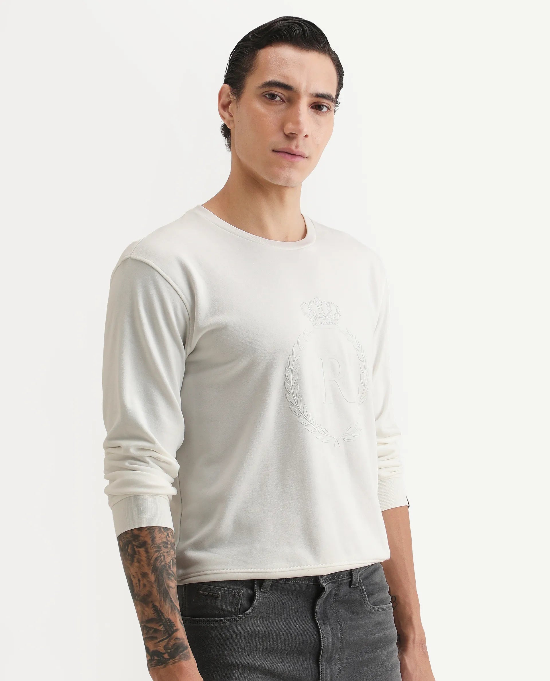 Rare Rabbit Men's Staple Off White Cotton Graphic Print Regular Fit Full Sleeve Crew Neck Sweatshirt