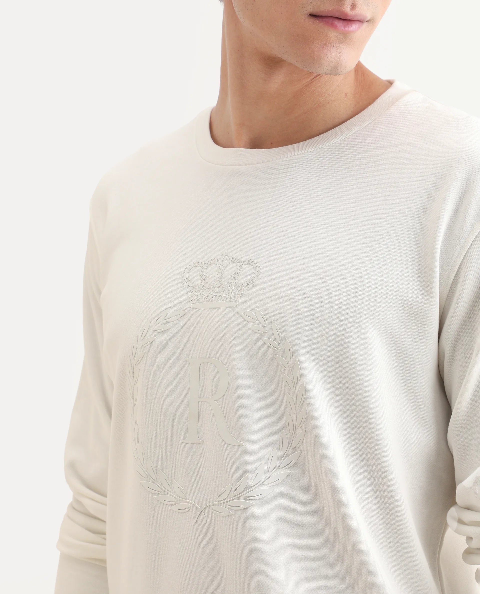 Rare Rabbit Men's Staple Off White Cotton Graphic Print Regular Fit Full Sleeve Crew Neck Sweatshirt