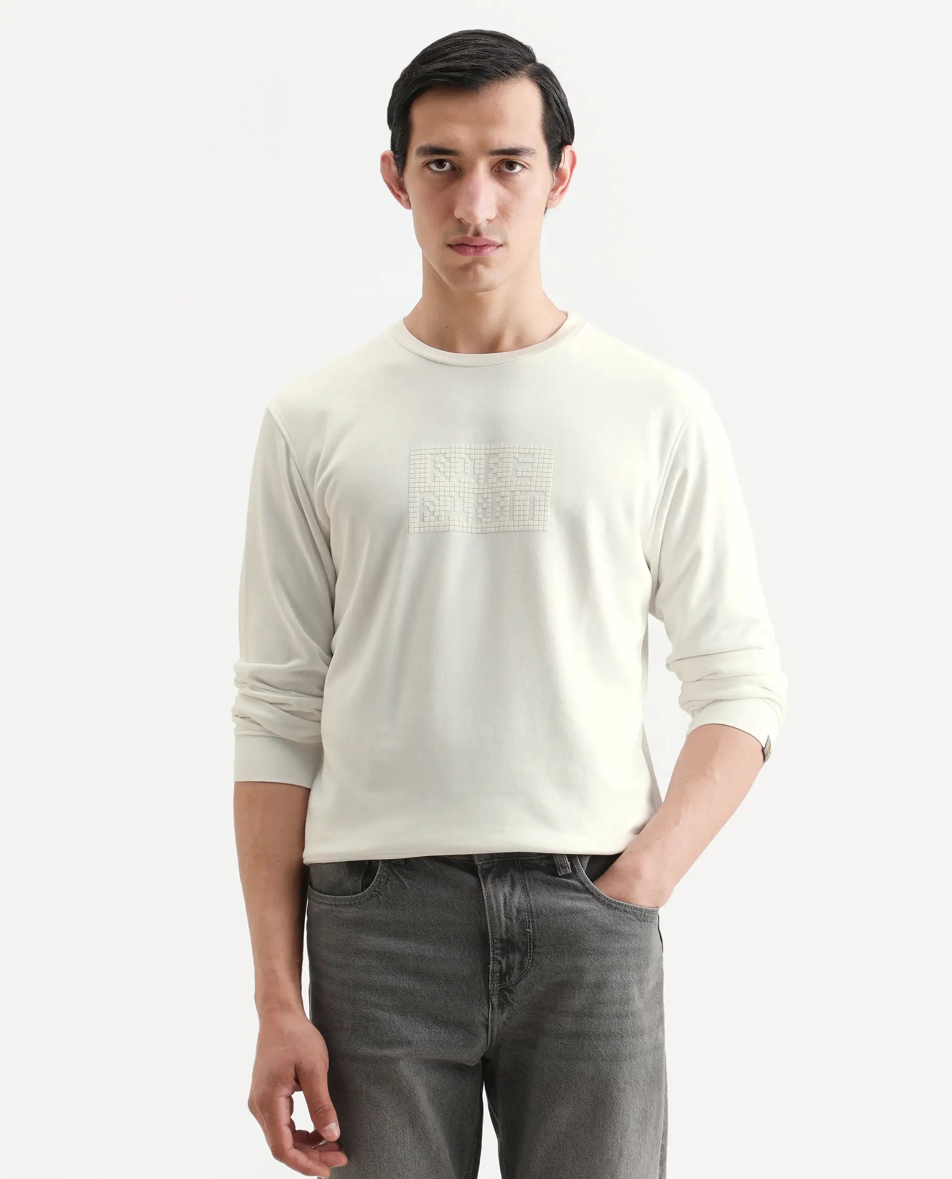 Rare Rabbit Men's Seven Off White Cotton Graphic Print Regular Fit Full Sleeve Crew Neck Sweatshirt