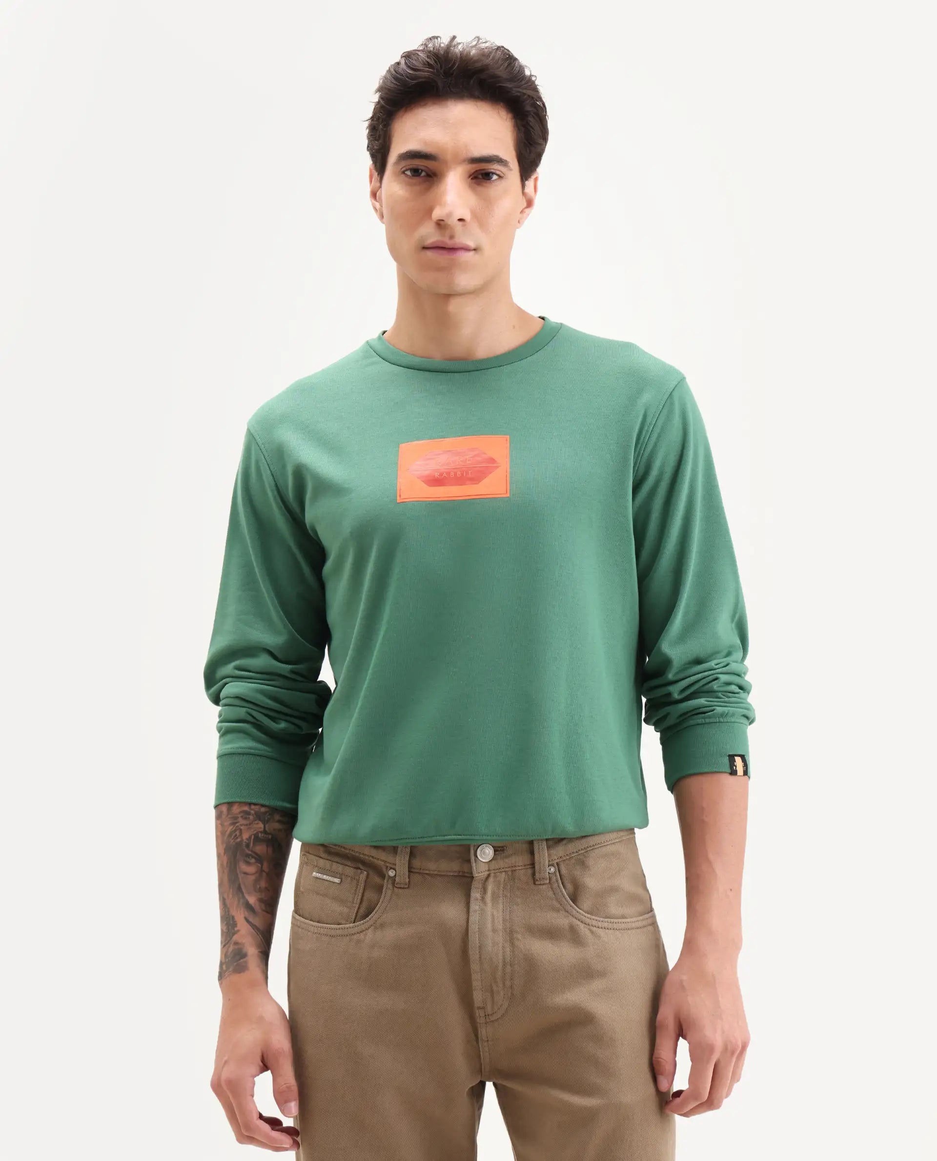 Rare Rabbit Men's Pectin Green Cotton Graphic Print Regular Fit Full Sleeve Crew Neck Sweatshirt
