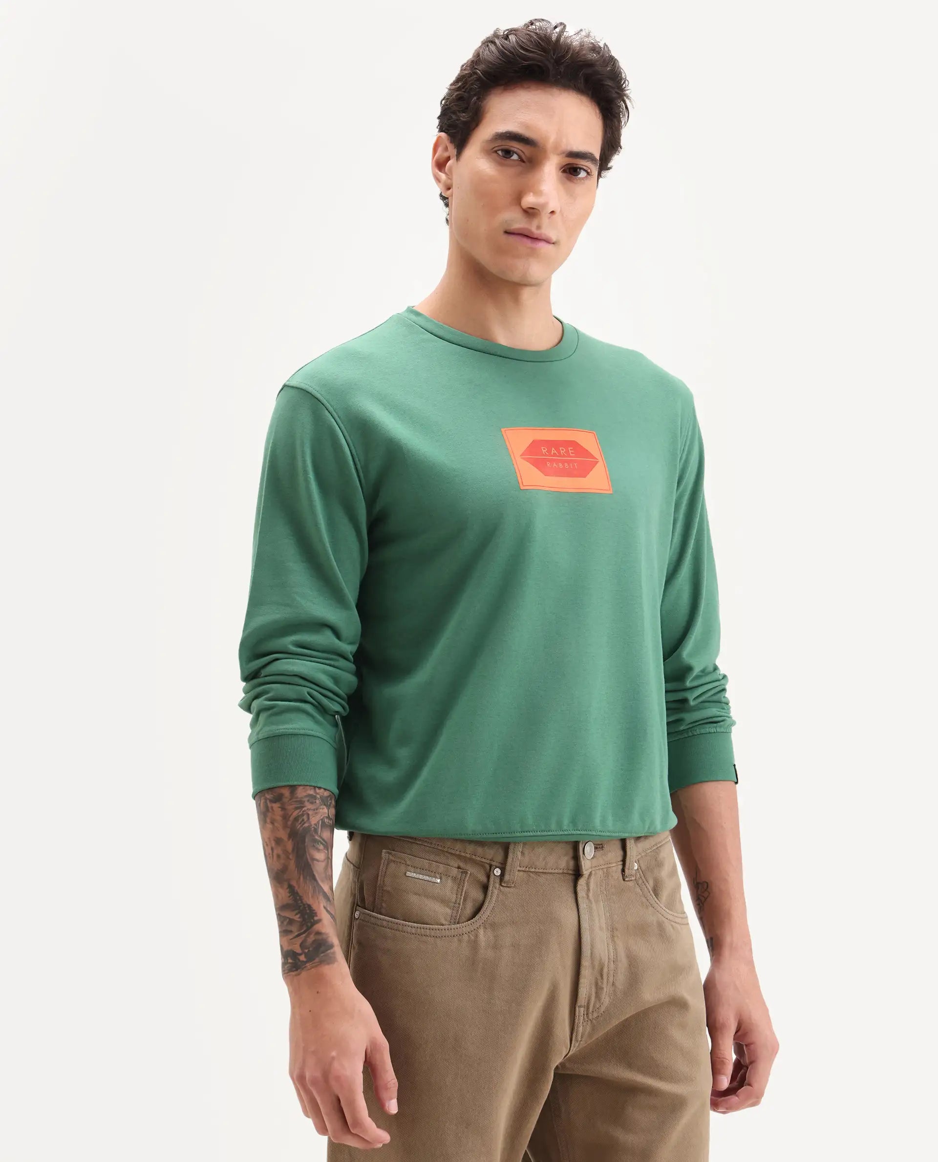 Rare Rabbit Men's Pectin Green Cotton Graphic Print Regular Fit Full Sleeve Crew Neck Sweatshirt