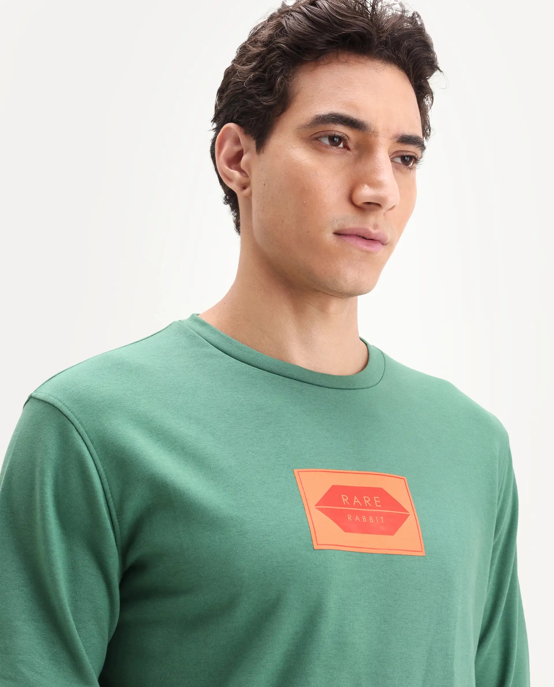 Rare Rabbit Men's Pectin Green Cotton Graphic Print Regular Fit Full Sleeve Crew Neck Sweatshirt
