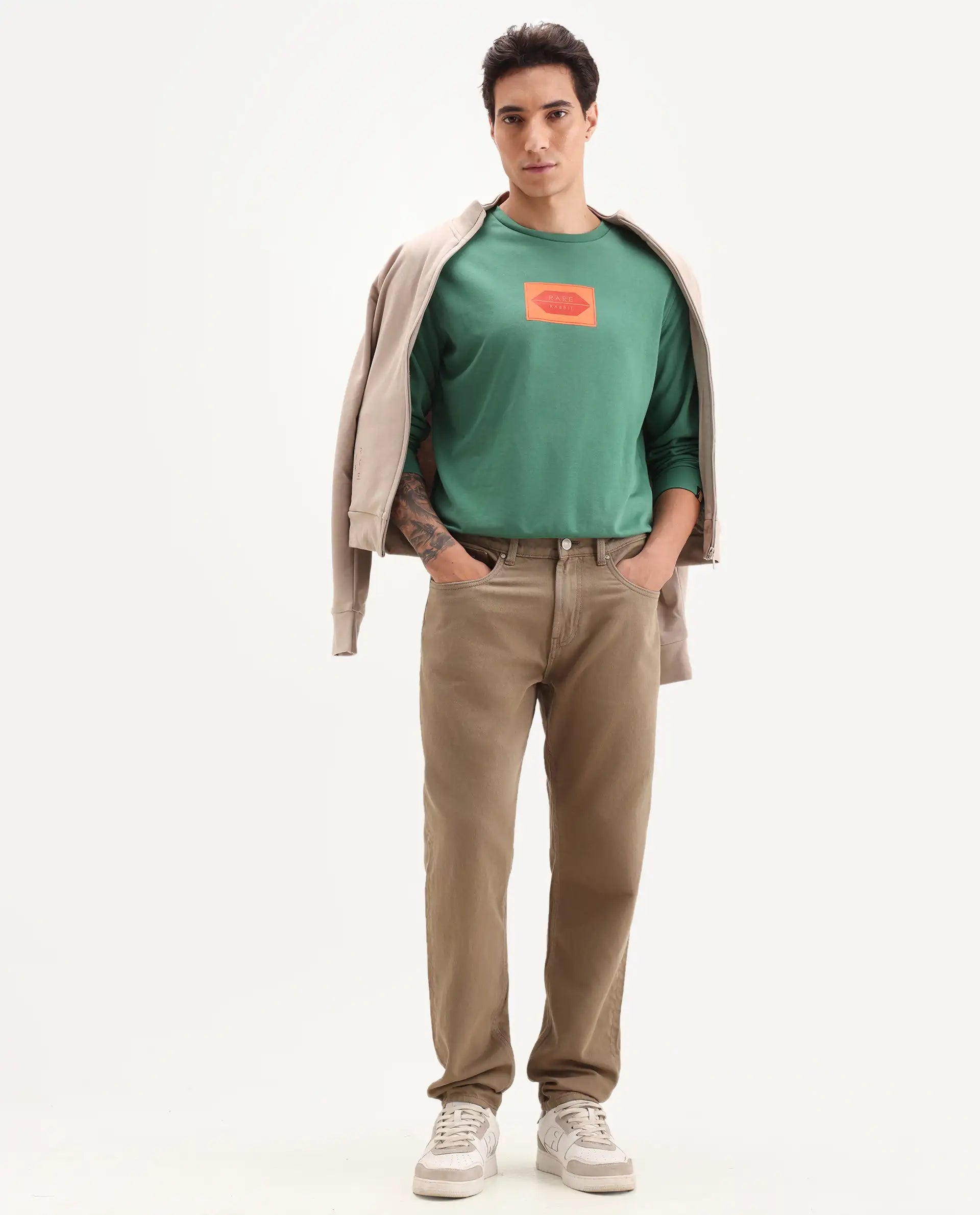 Rare Rabbit Men's Pectin Green Cotton Graphic Print Regular Fit Full Sleeve Crew Neck Sweatshirt