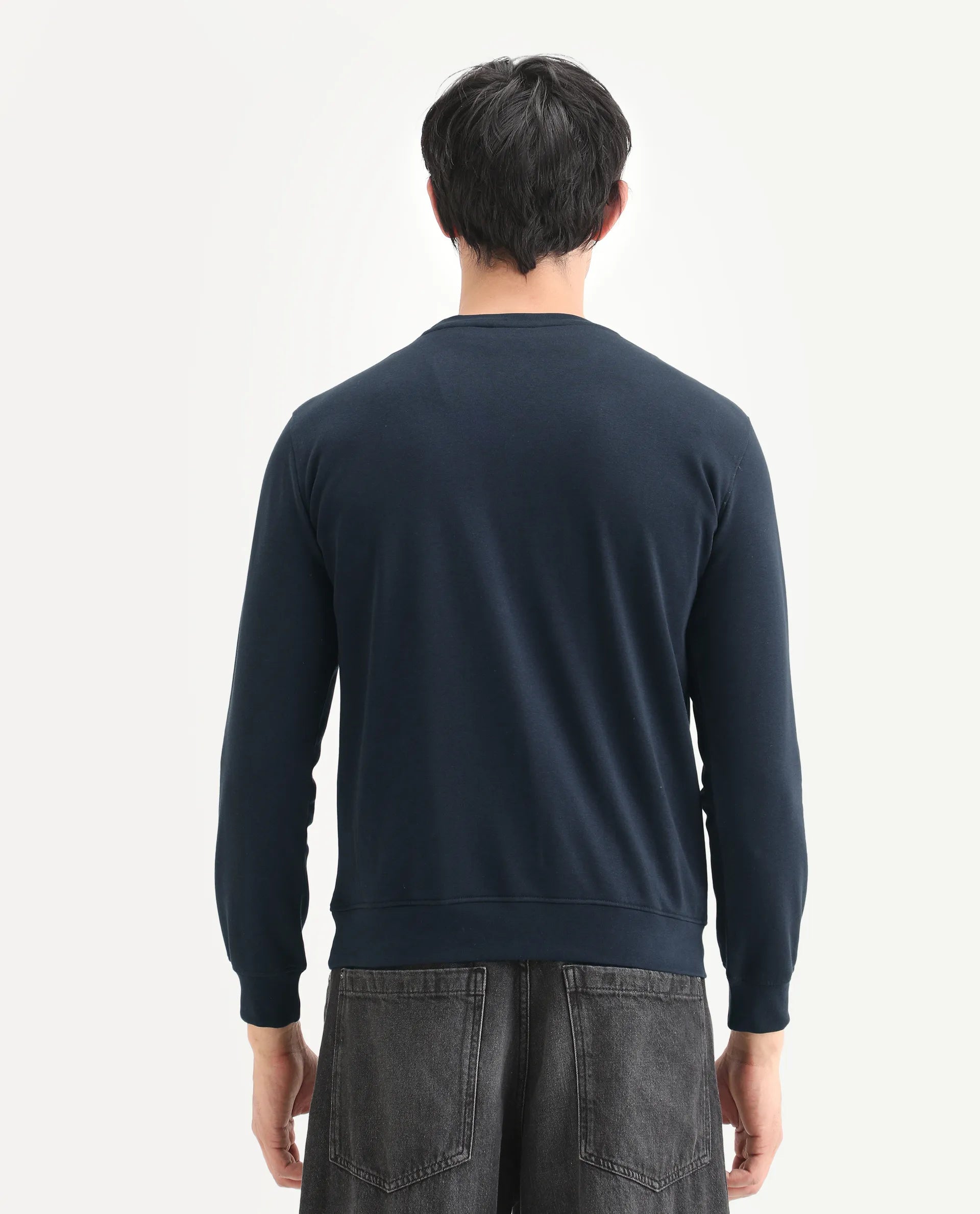 Rare Rabbit Men's Drato Navy Cotton Graphic Print Regular Fit Full Sleeve Crew Neck Sweatshirt