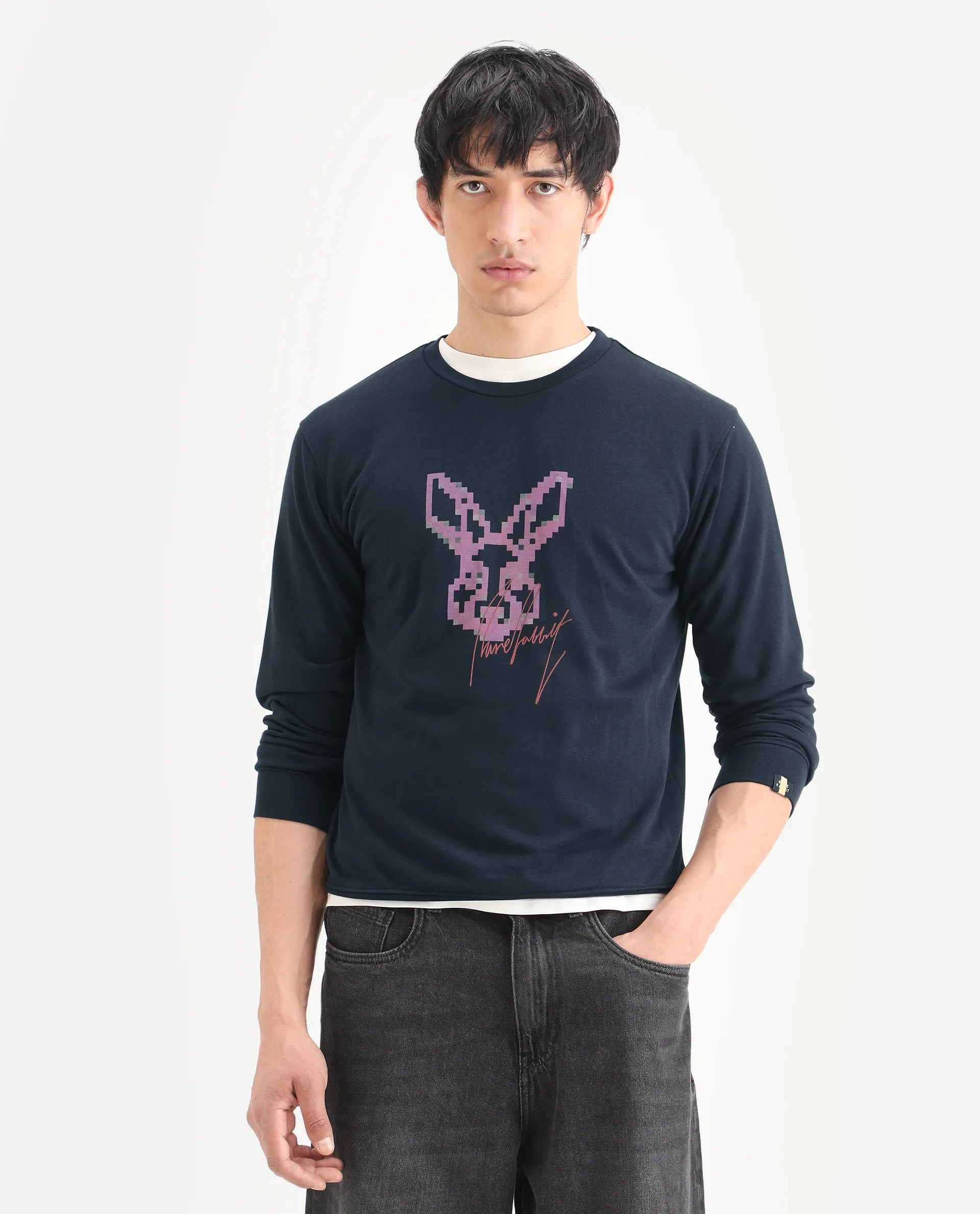 Rare Rabbit Men's Drato Navy Cotton Graphic Print Regular Fit Full Sleeve Crew Neck Sweatshirt