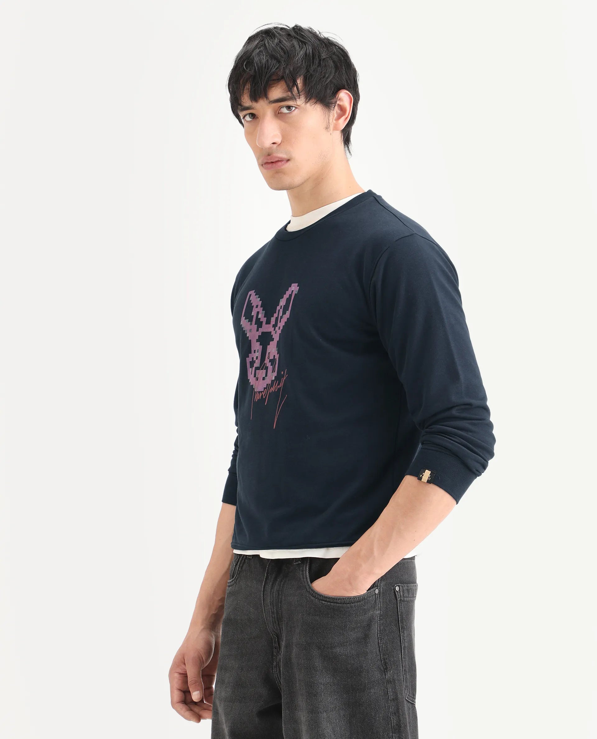 Rare Rabbit Men's Drato Navy Cotton Graphic Print Regular Fit Full Sleeve Crew Neck Sweatshirt