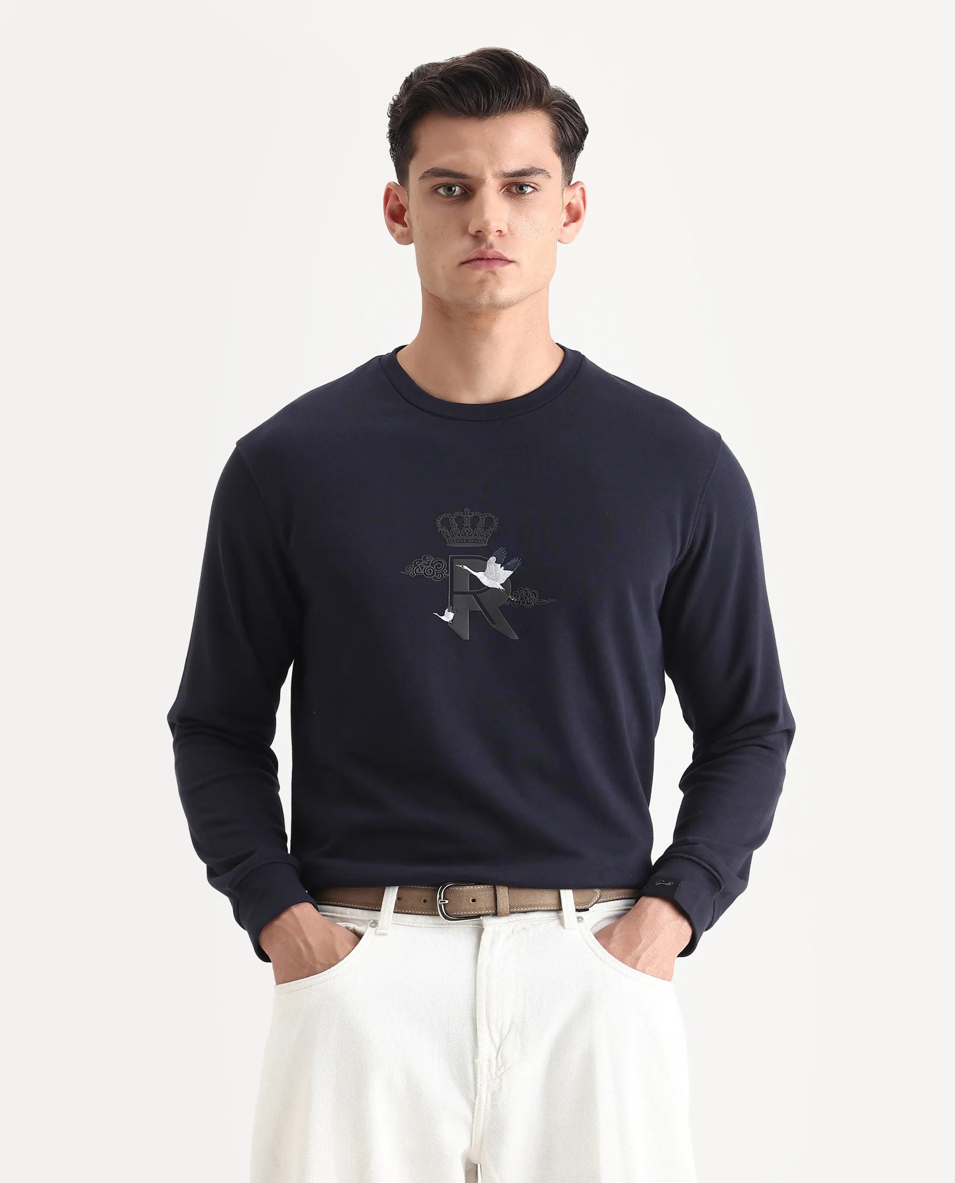 Rare Rabbit Men's August Navy Cotton Graphic Print Regular Fit Full Sleeve Crew Neck Sweatshirt