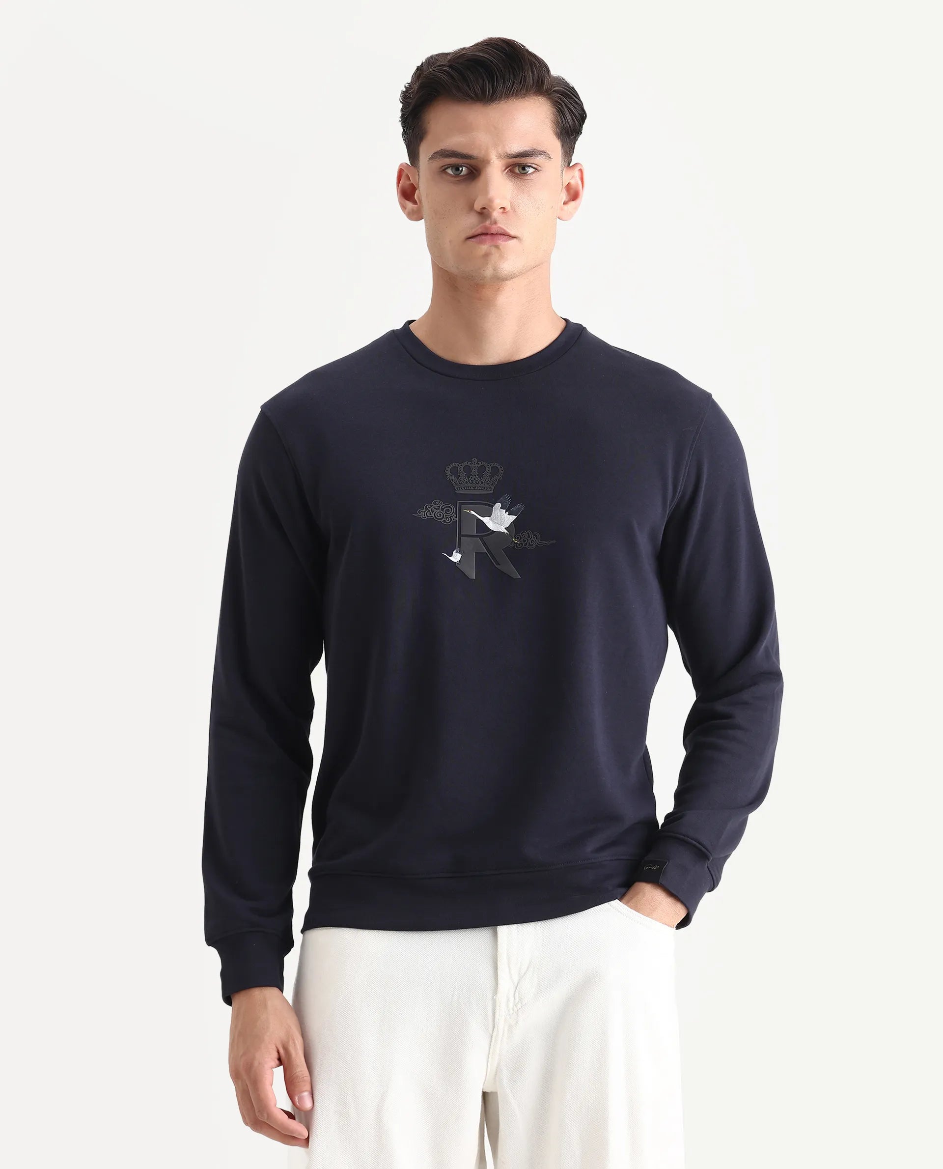 Rare Rabbit Men's August Navy Cotton Graphic Print Regular Fit Full Sleeve Crew Neck Sweatshirt