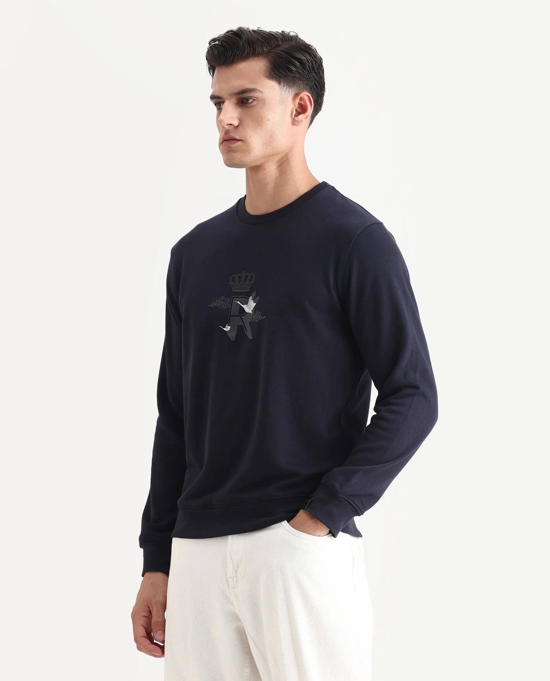 Rare Rabbit Men's August Navy Cotton Graphic Print Regular Fit Full Sleeve Crew Neck Sweatshirt