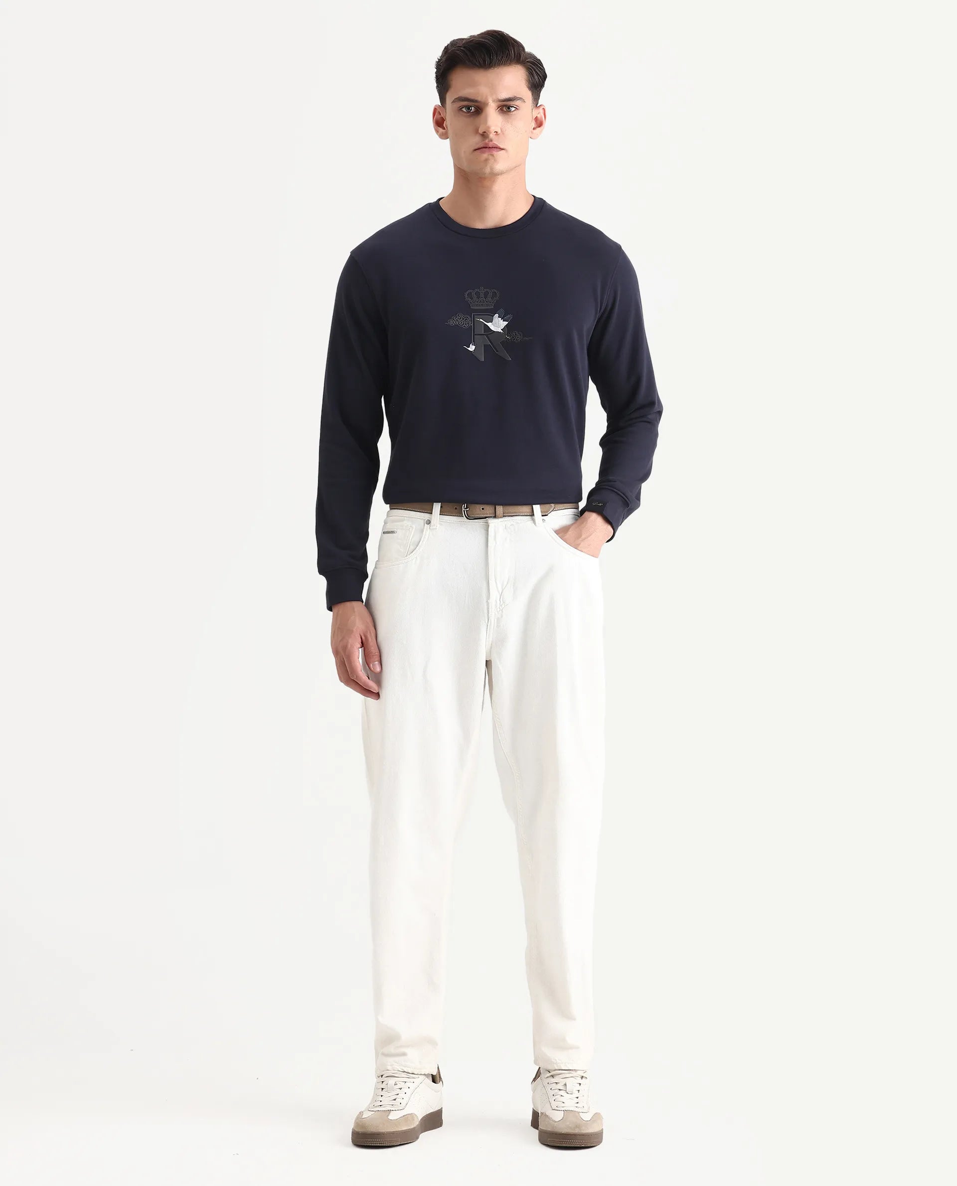 Rare Rabbit Men's August Navy Cotton Graphic Print Regular Fit Full Sleeve Crew Neck Sweatshirt