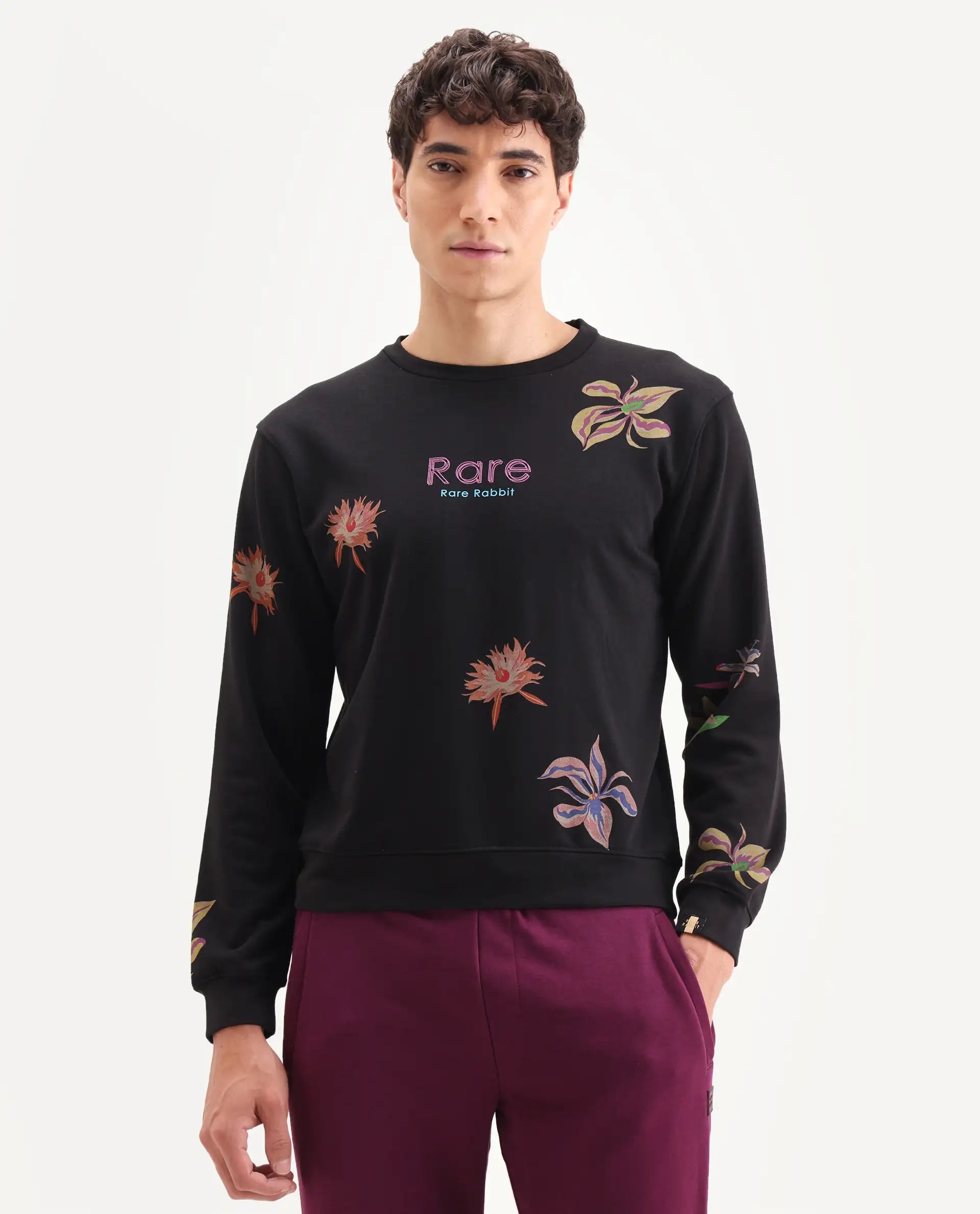 Rare Rabbit Men's Panton Black Cotton Floral Print Relaxed Fit Full Sleeve Crew Neck Sweatshirt