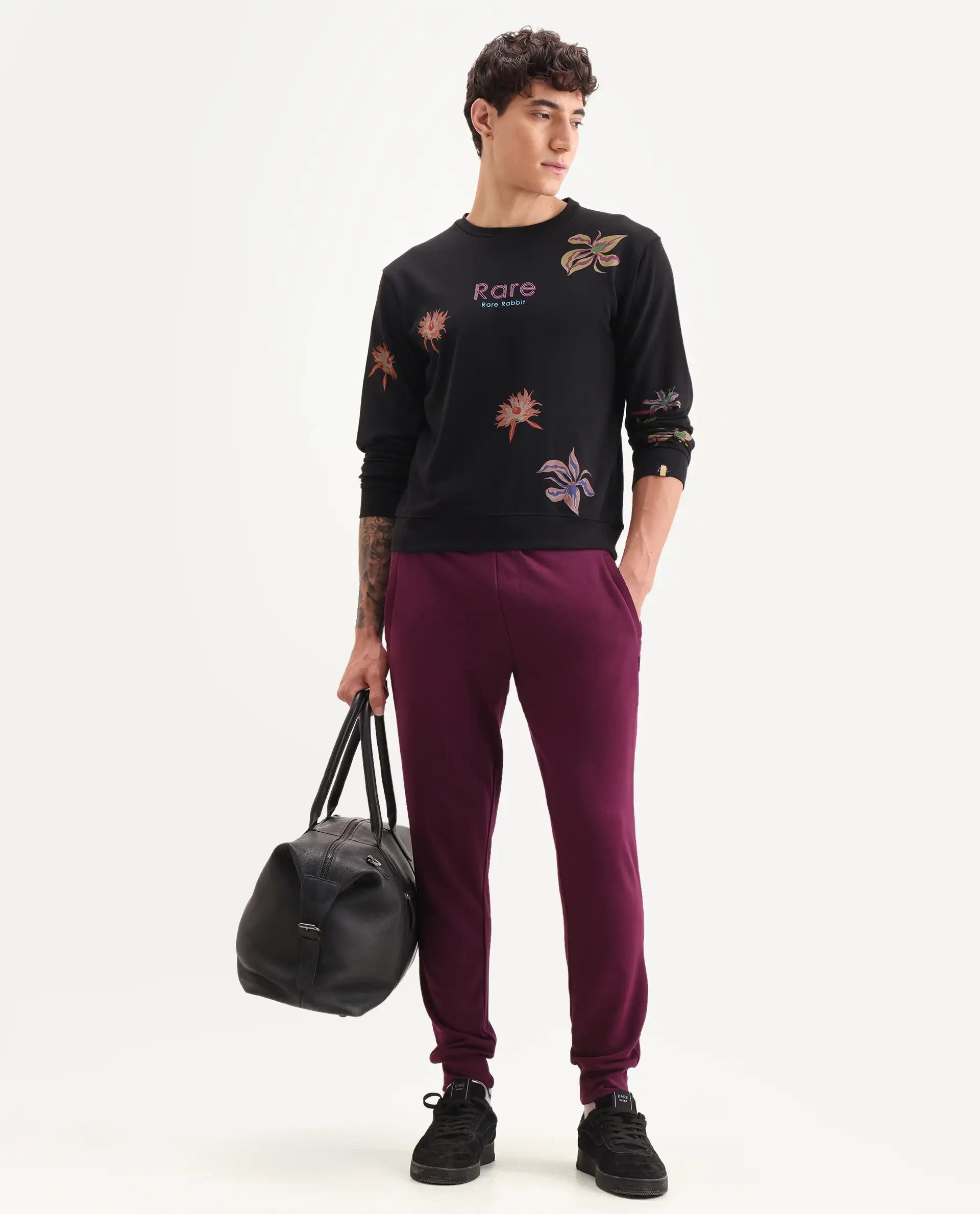 Rare Rabbit Men's Panton Black Cotton Floral Print Relaxed Fit Full Sleeve Crew Neck Sweatshirt