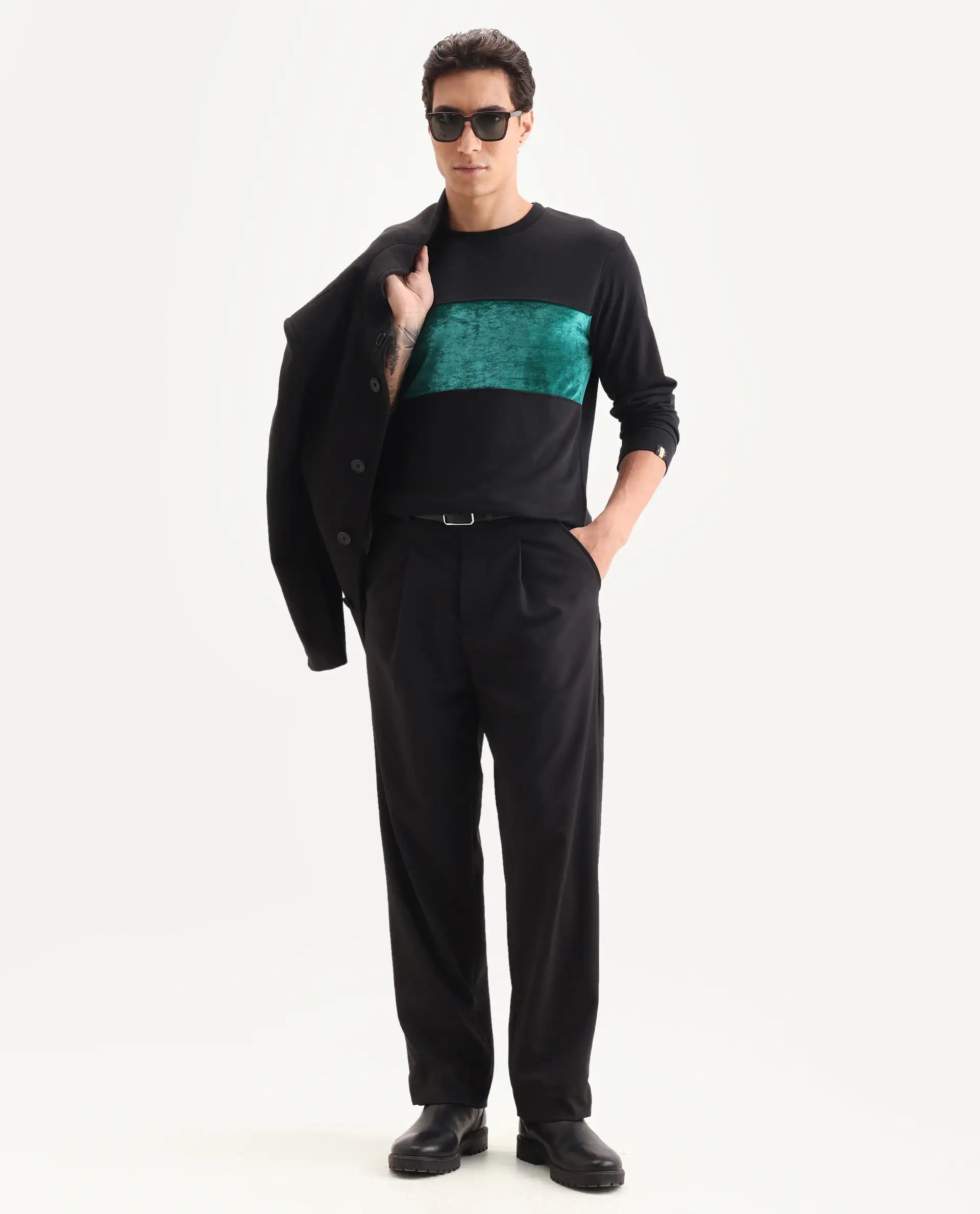Rare Rabbit Men's Tide Black Cotton Ombre Regular Fit Full Sleeve Crew Neck Sweatshirt