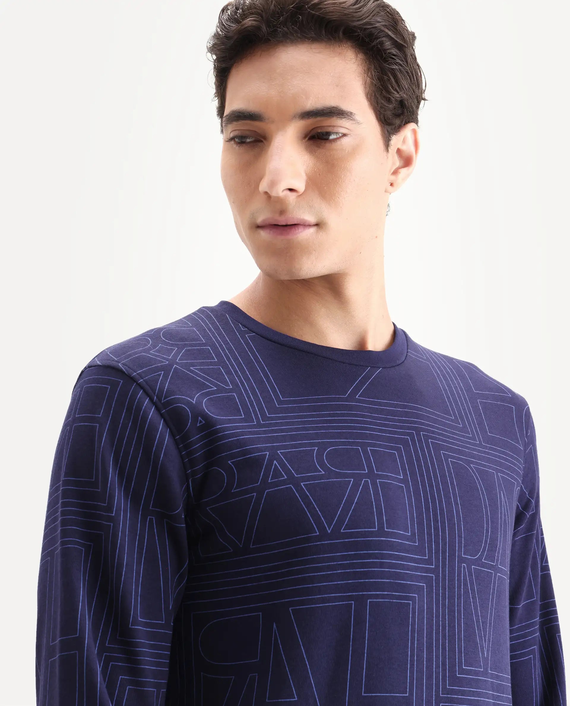Rare Rabbit Men's Ensign Navy Cotton Graphic Print Regular Fit Full Sleeve Crew Neck Sweatshirt