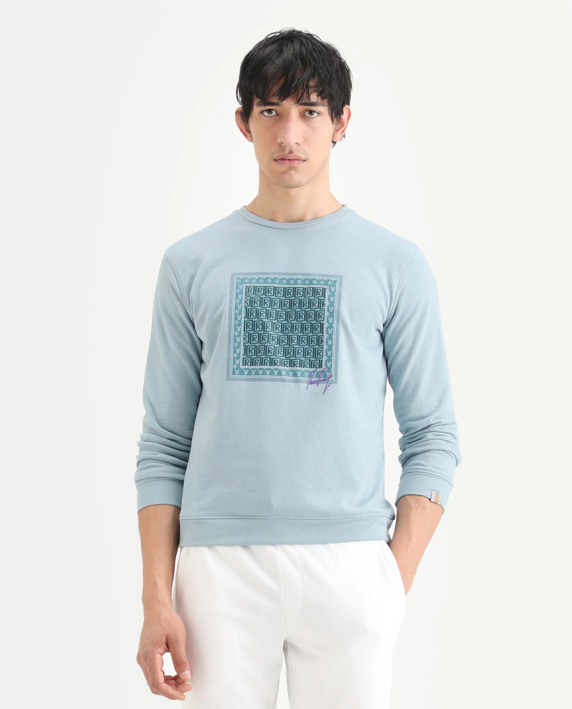 Rare Rabbit Men's Totem Light Turq Cotton Graphic Print Regular Fit Full Sleeve Crew Neck Sweatshirt