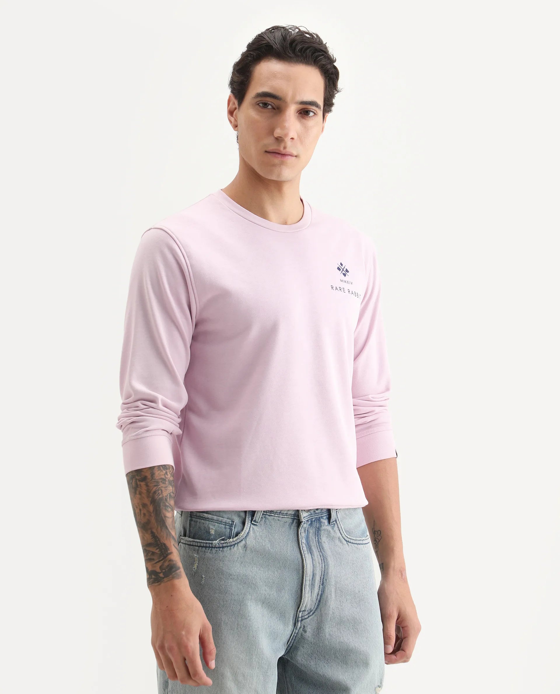 Rare Rabbit Men's Cerdon Light Pink Cotton Graphic Print Regular Fit Full Sleeve Crew Neck Sweatshirt