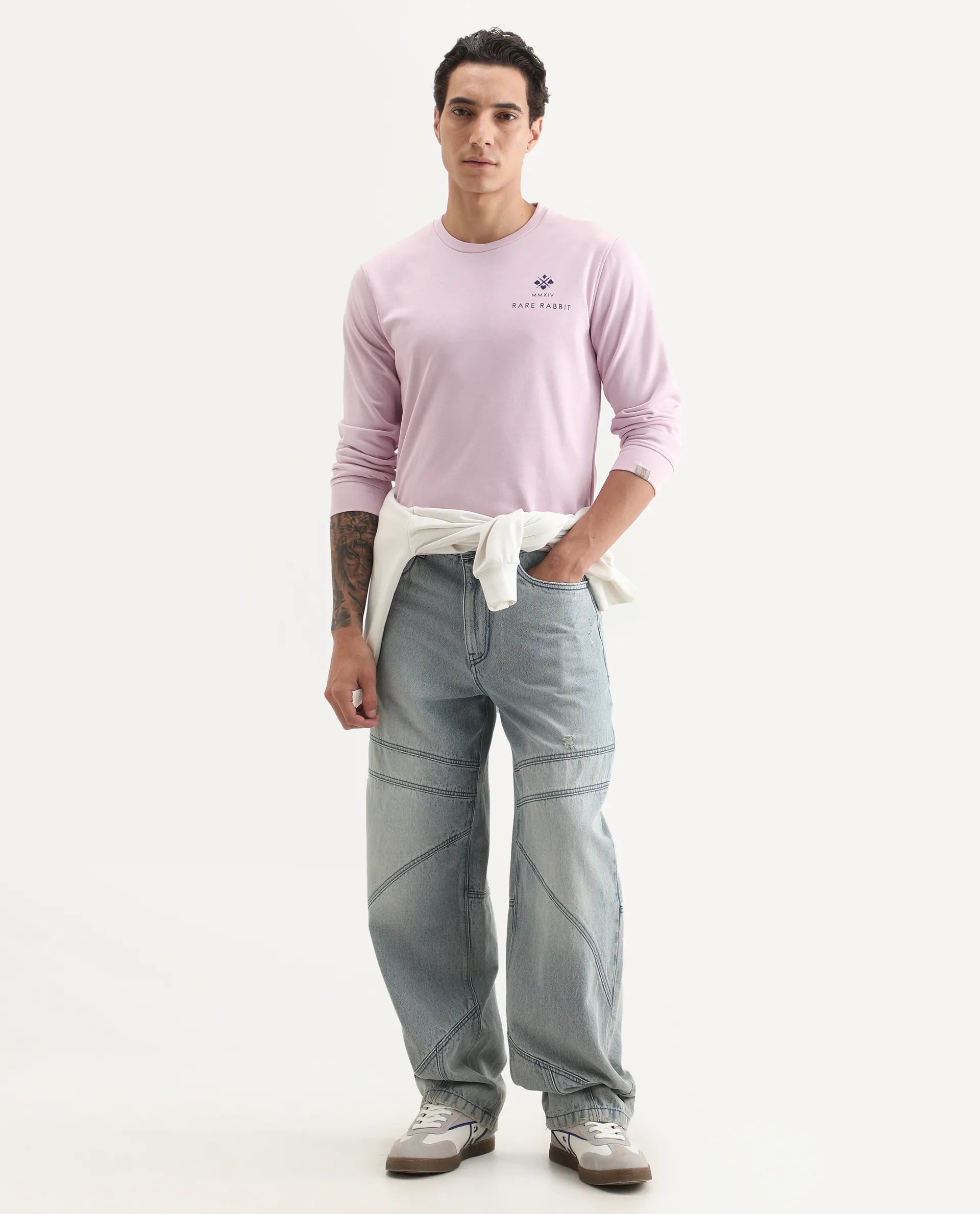 Rare Rabbit Men's Cerdon Light Pink Cotton Graphic Print Regular Fit Full Sleeve Crew Neck Sweatshirt