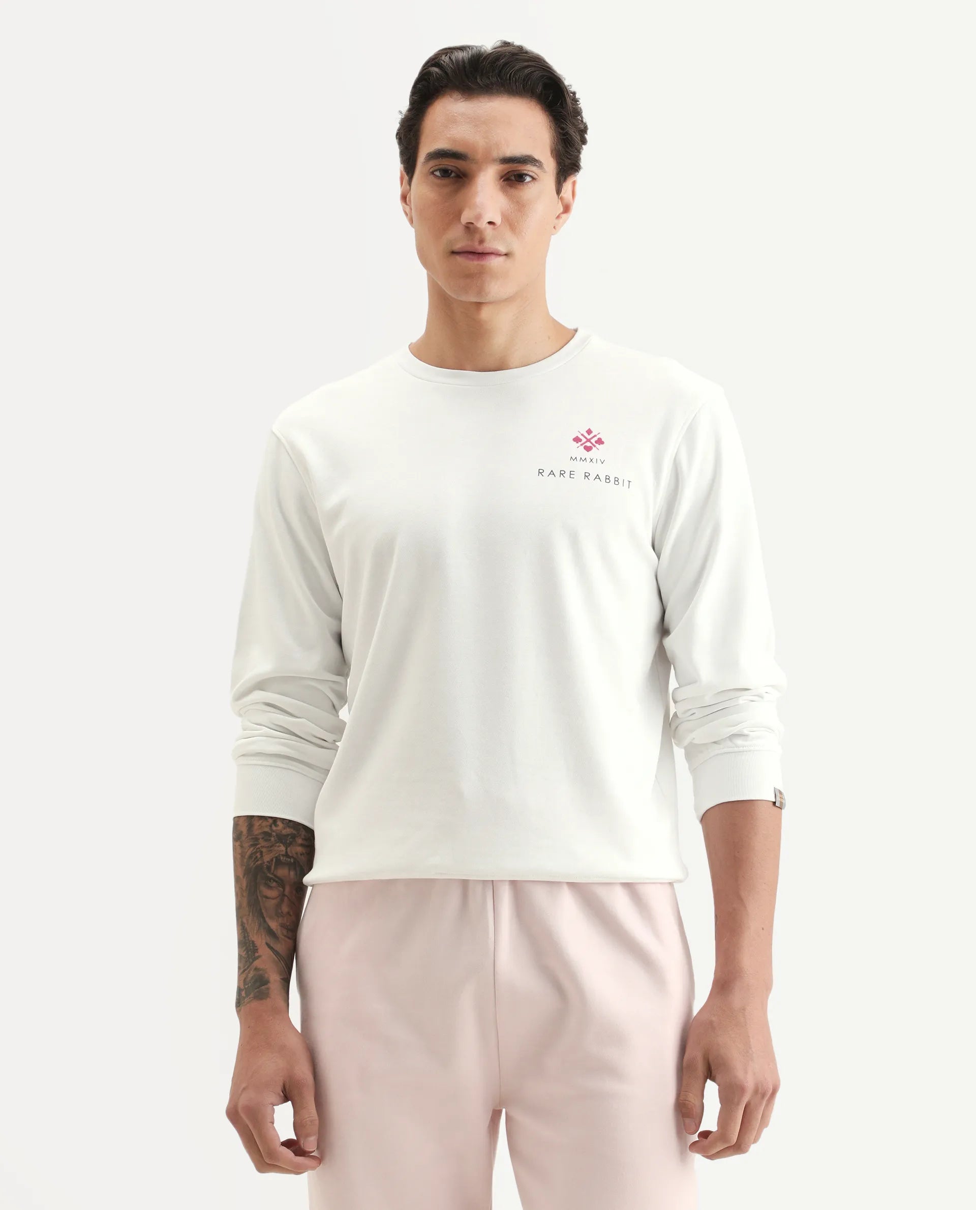 Rare Rabbit Men's Cerdon White Cotton Graphic Print Regular Fit Full Sleeve Crew Neck Sweatshirt