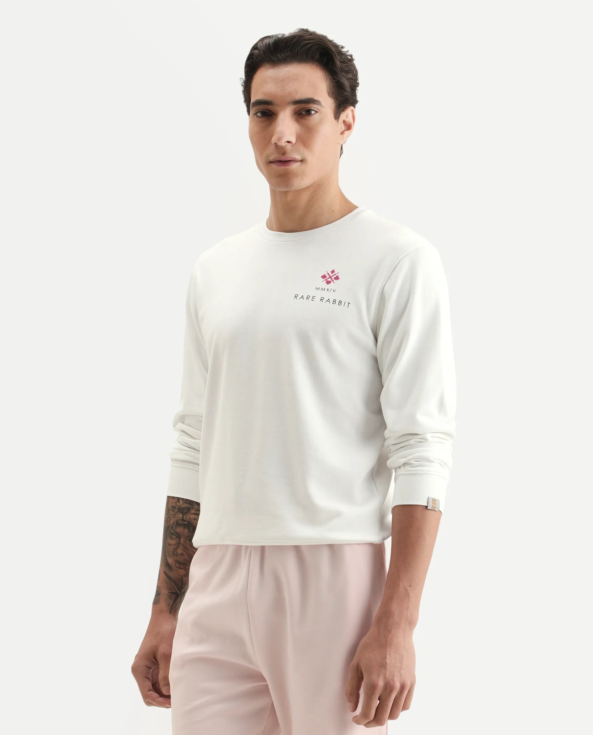 Rare Rabbit Men's Cerdon White Cotton Graphic Print Regular Fit Full Sleeve Crew Neck Sweatshirt