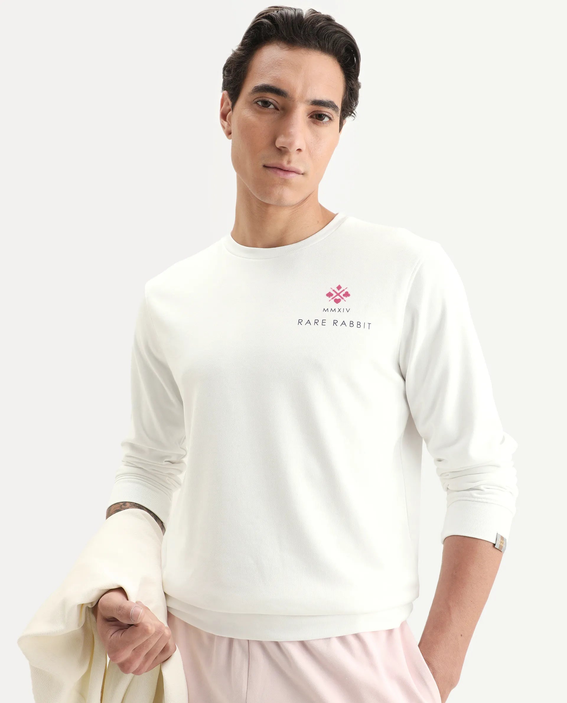 Rare Rabbit Men's Cerdon White Cotton Graphic Print Regular Fit Full Sleeve Crew Neck Sweatshirt