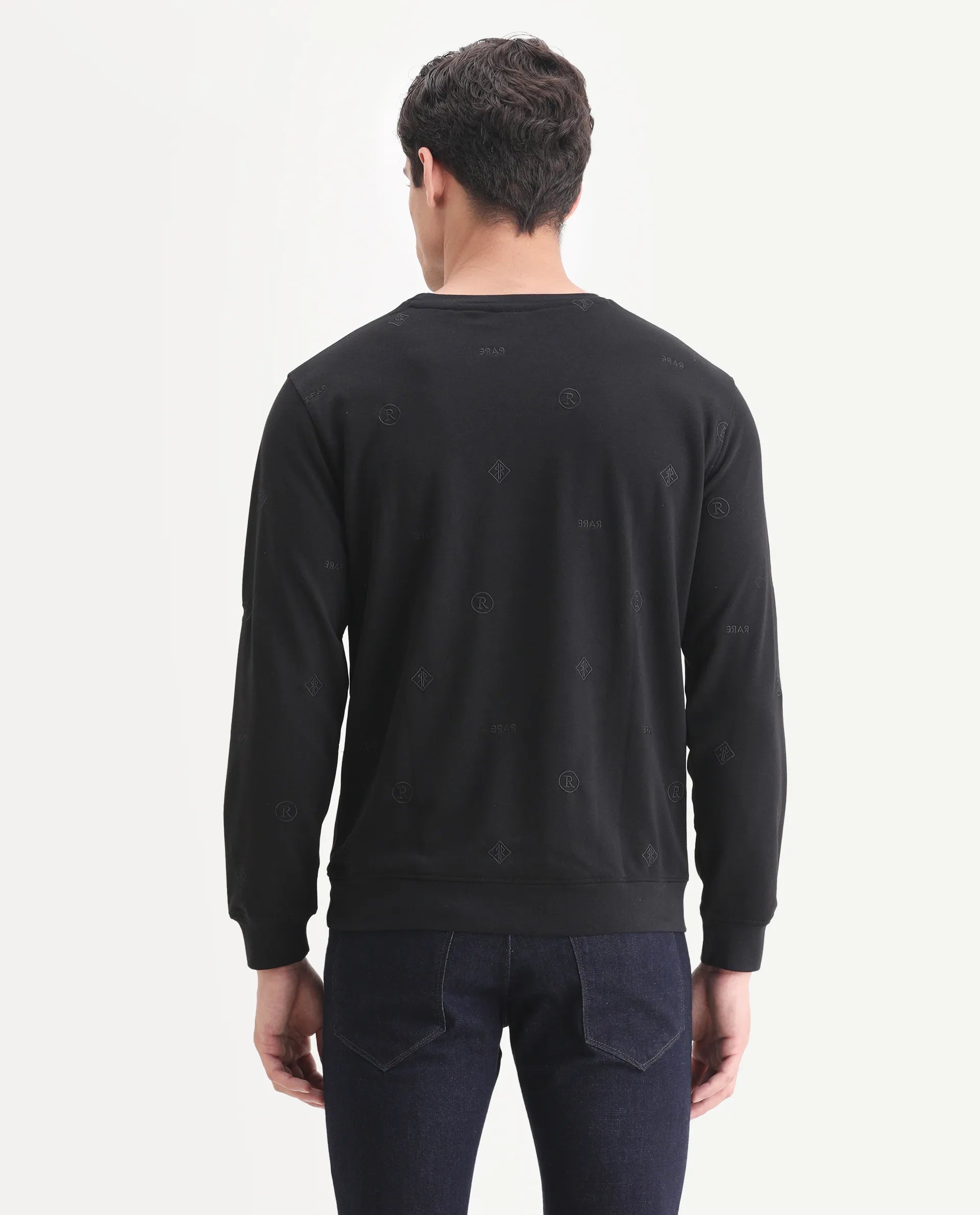 Rare Rabbit Men's Astrix Black Cotton Embroidered Regular Fit Full Sleeve Crew Neck Sweatshirt