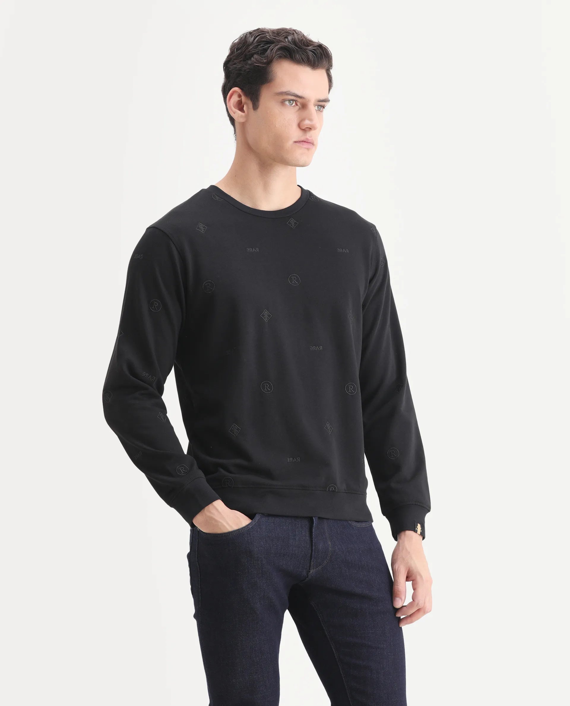 Rare Rabbit Men's Astrix Black Cotton Embroidered Regular Fit Full Sleeve Crew Neck Sweatshirt