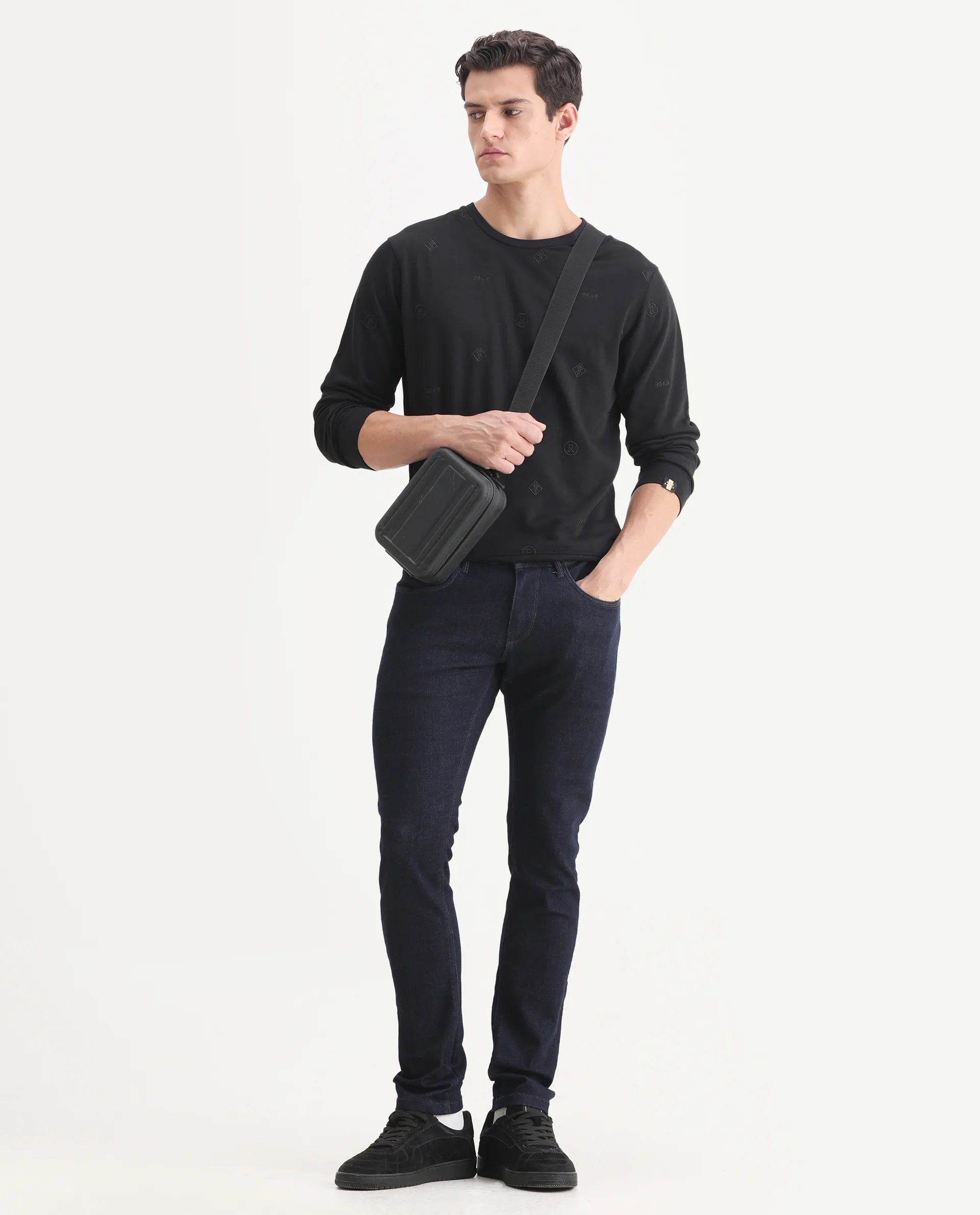 Rare Rabbit Men's Astrix Black Cotton Embroidered Regular Fit Full Sleeve Crew Neck Sweatshirt