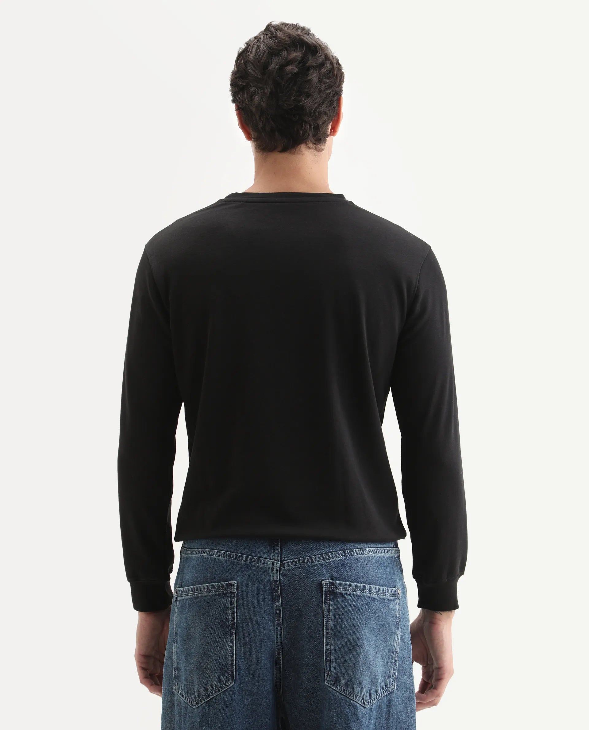 Rare Rabbit Men's Glitch Black Cotton Plain Regular Fit Full Sleeve Crew Neck Sweatshirt