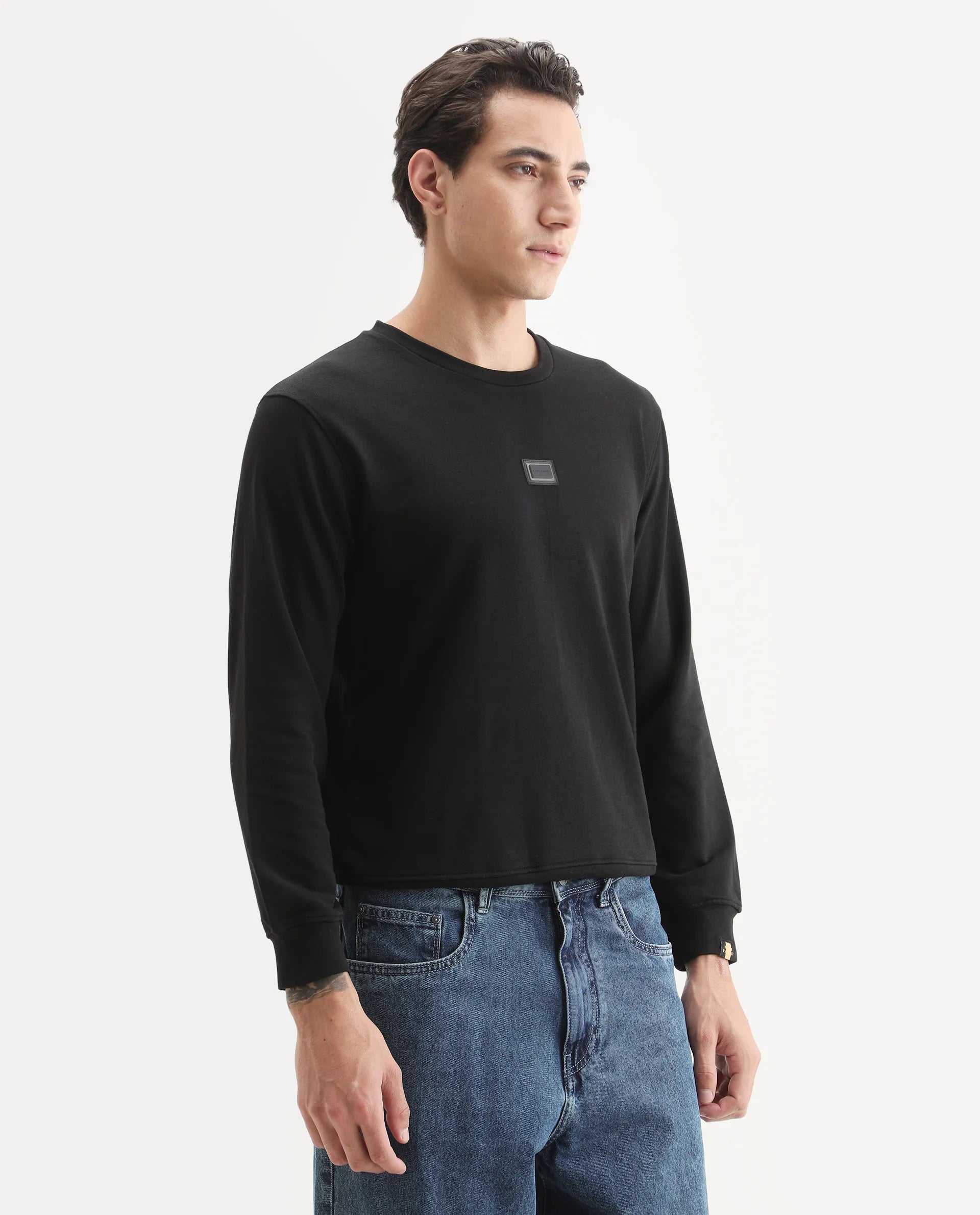 Rare Rabbit Men's Glitch Black Cotton Plain Regular Fit Full Sleeve Crew Neck Sweatshirt