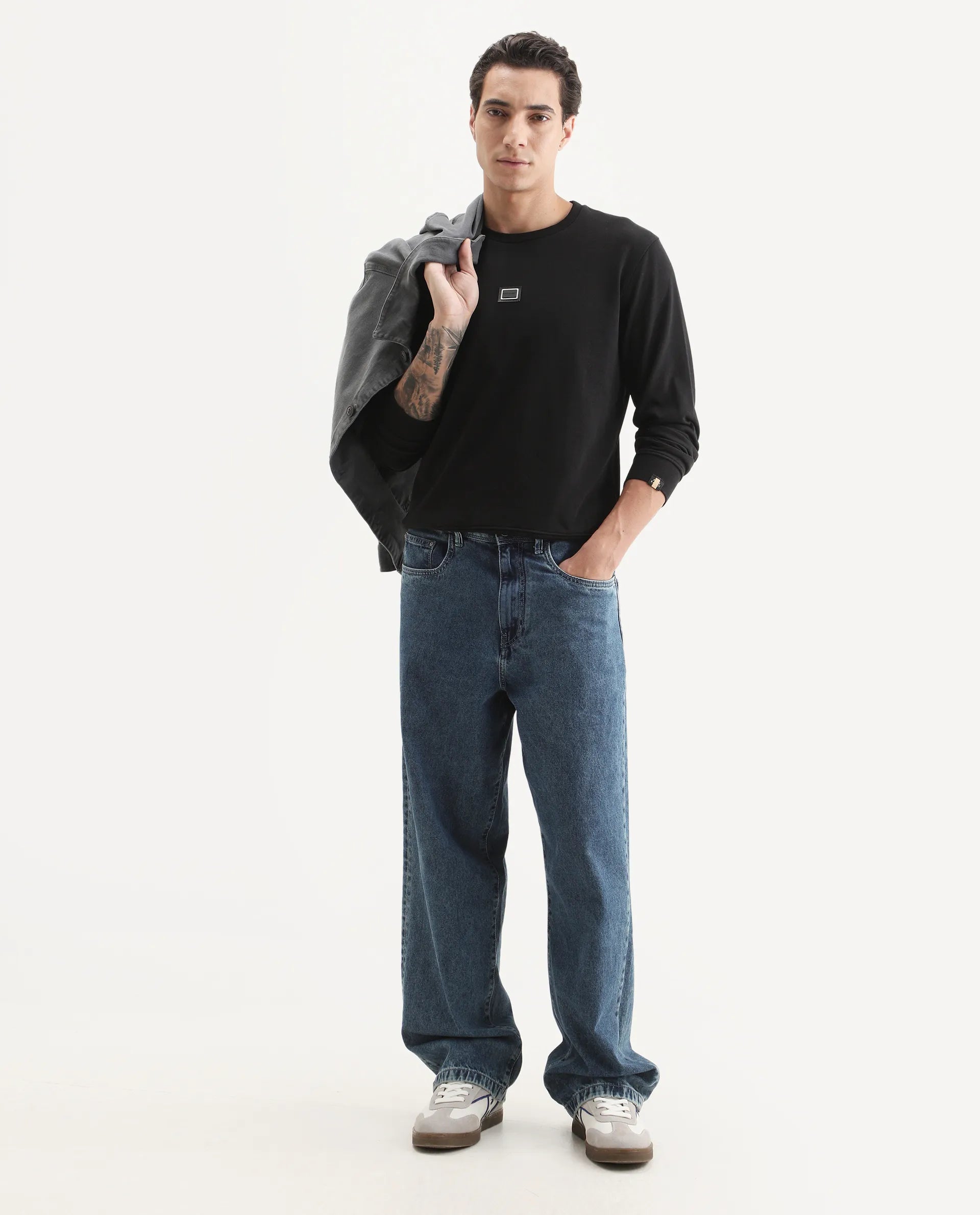 Rare Rabbit Men's Glitch Black Cotton Plain Regular Fit Full Sleeve Crew Neck Sweatshirt